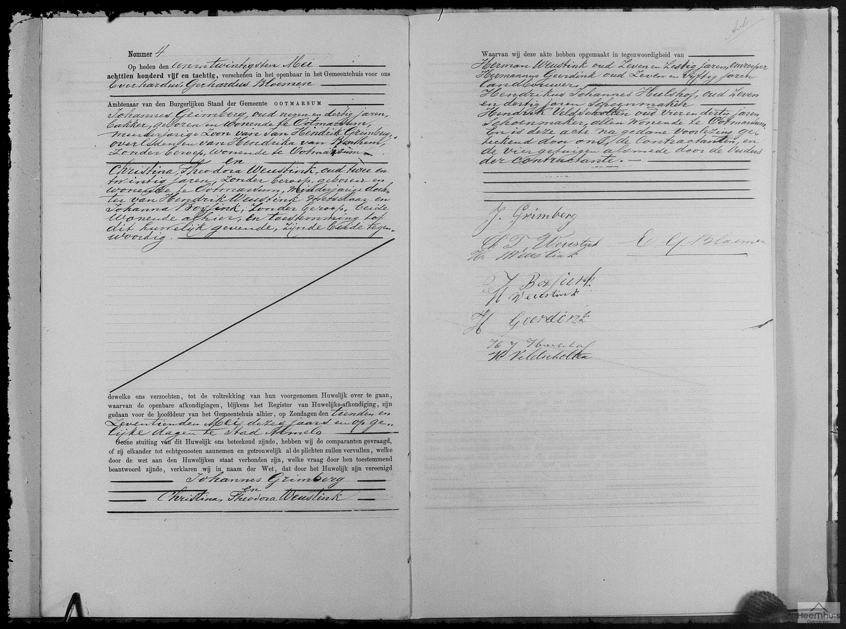 Huwelijksakte van Johannes Grimberg en Christina Theodora Weustink