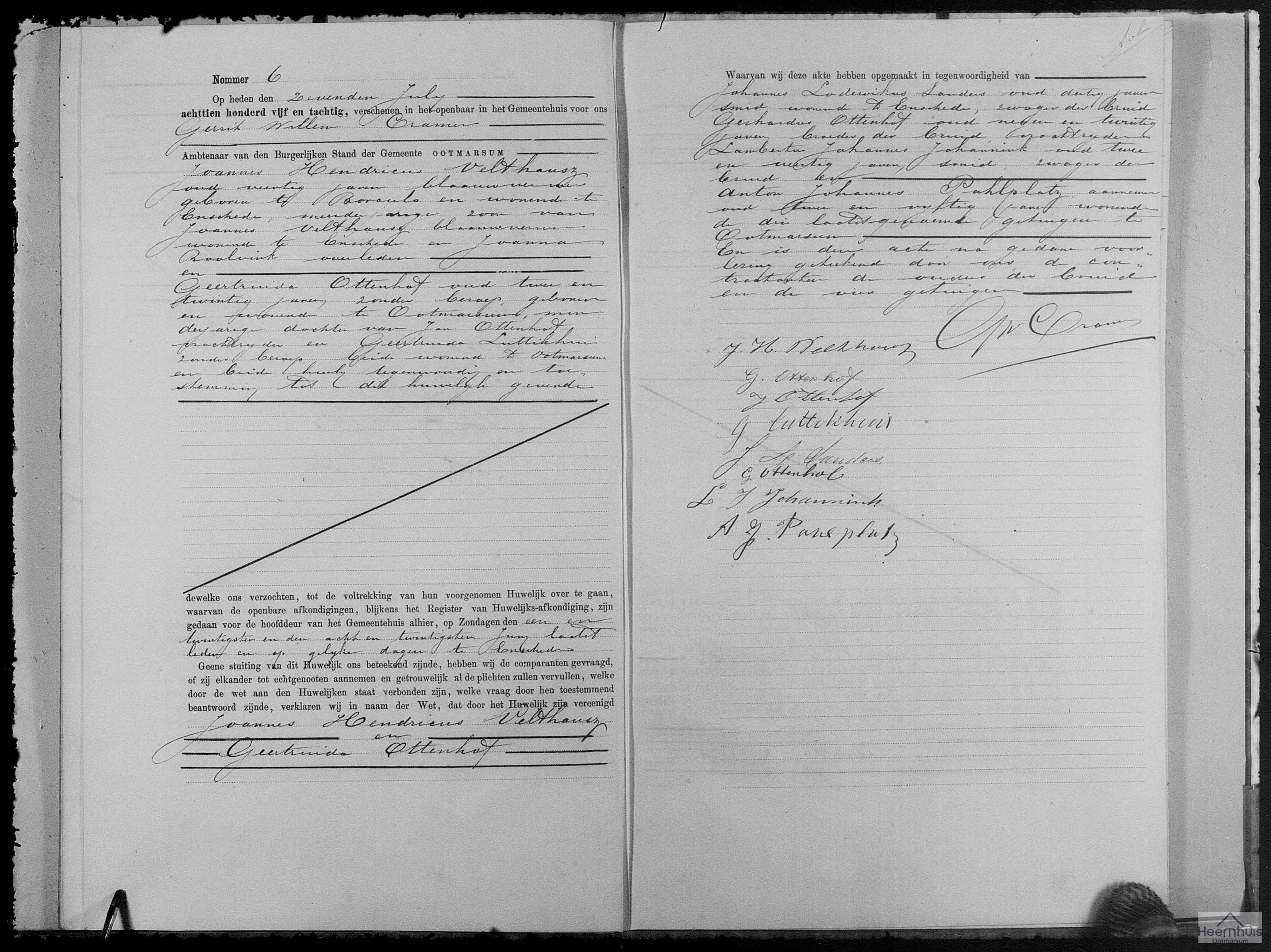 Huwelijksakte van Joannes Hendricus Velthausz en Geertruida Ottenhof
