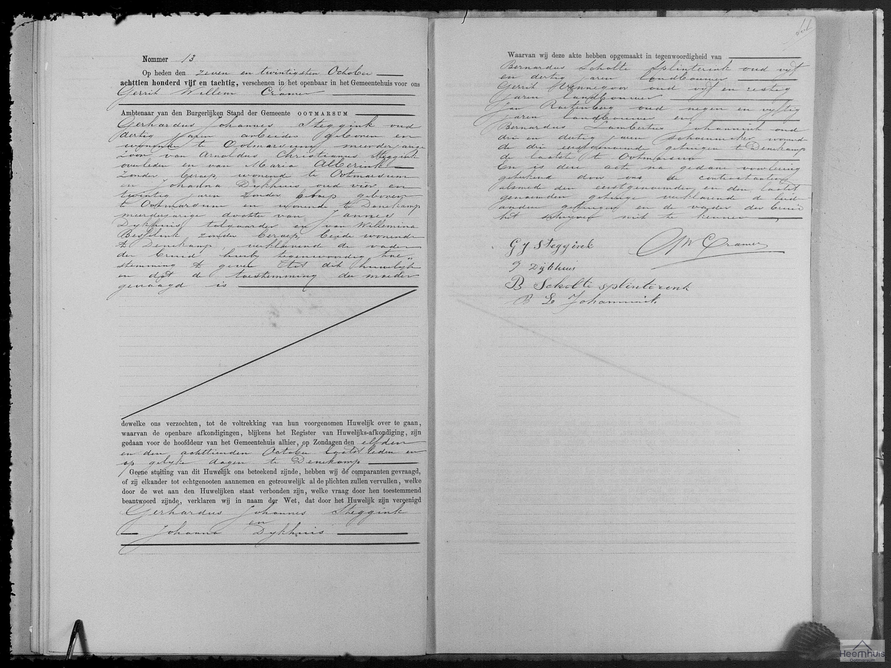 Huwelijksakte van Gerhardus Johannes Steggink en Johanna Dijkhuis