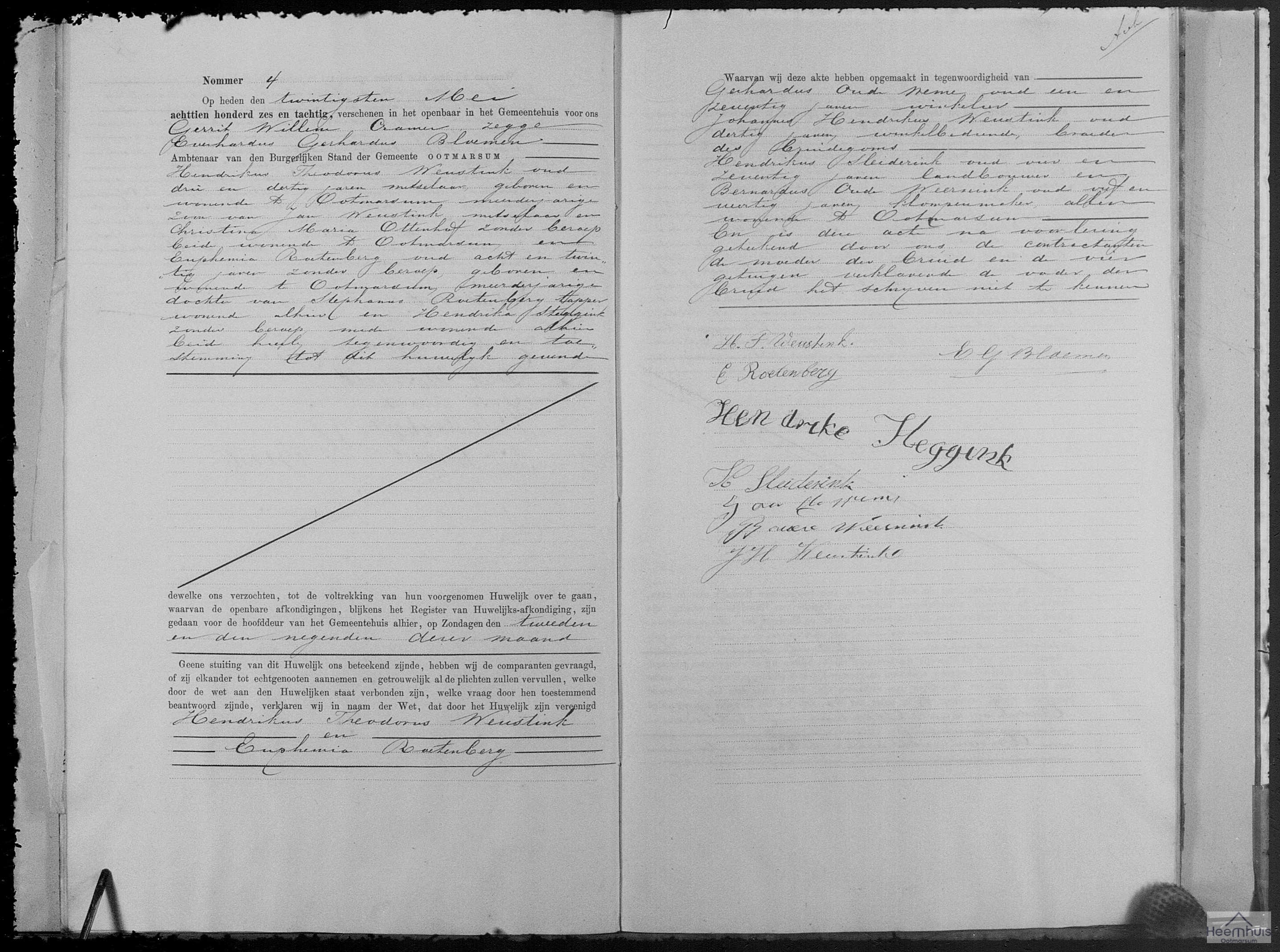 Huwelijksakte van Hendrikus Theodorus Weustink en Euphemia Roetenberg