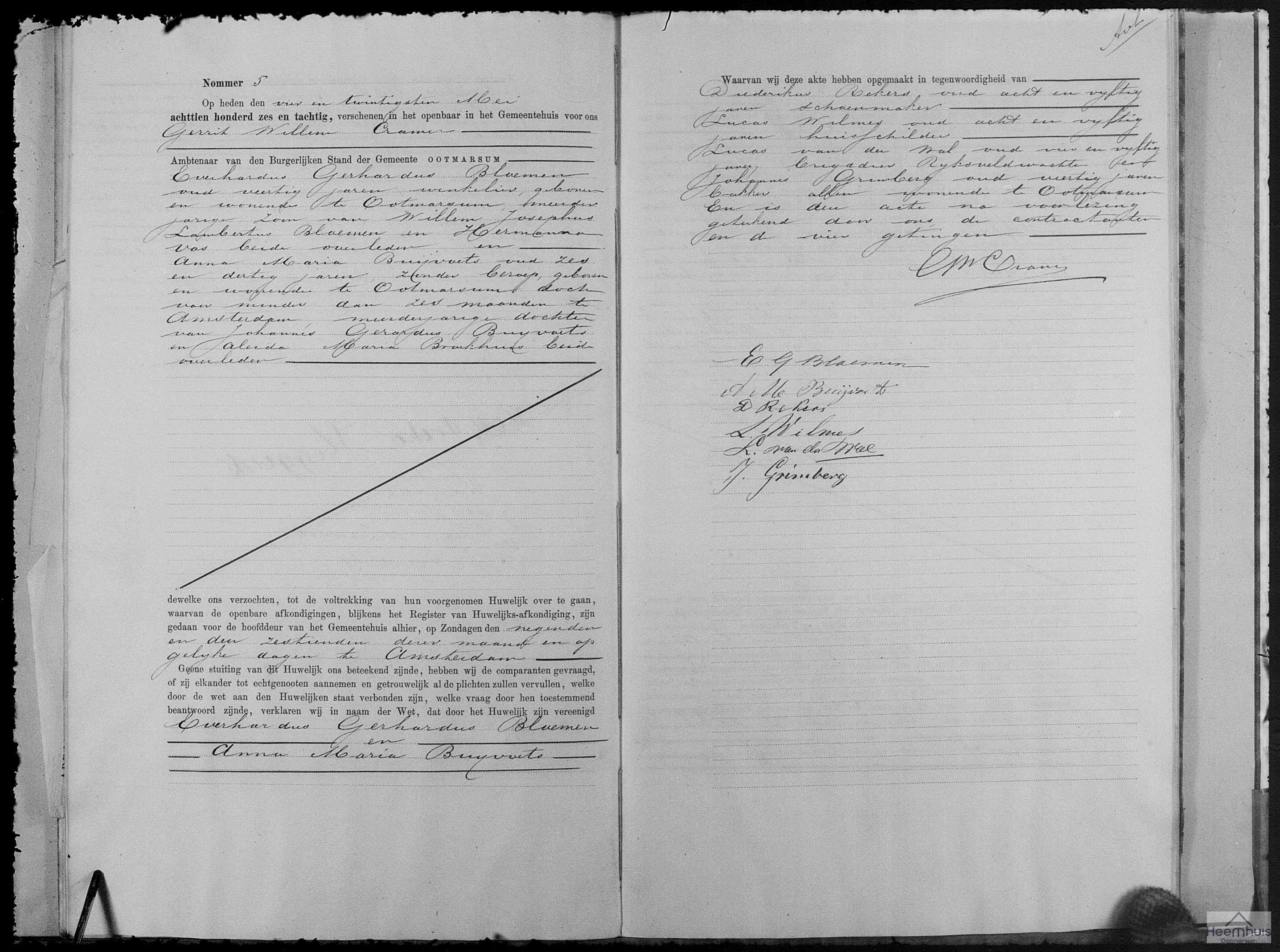 Huwelijksakte van Everhardus Gerhardus Bloemen en Anna Maria Buijvoets Huwelijksakte van Everhardus Gerhardus Bloemen en Anna Maria Buijvoets