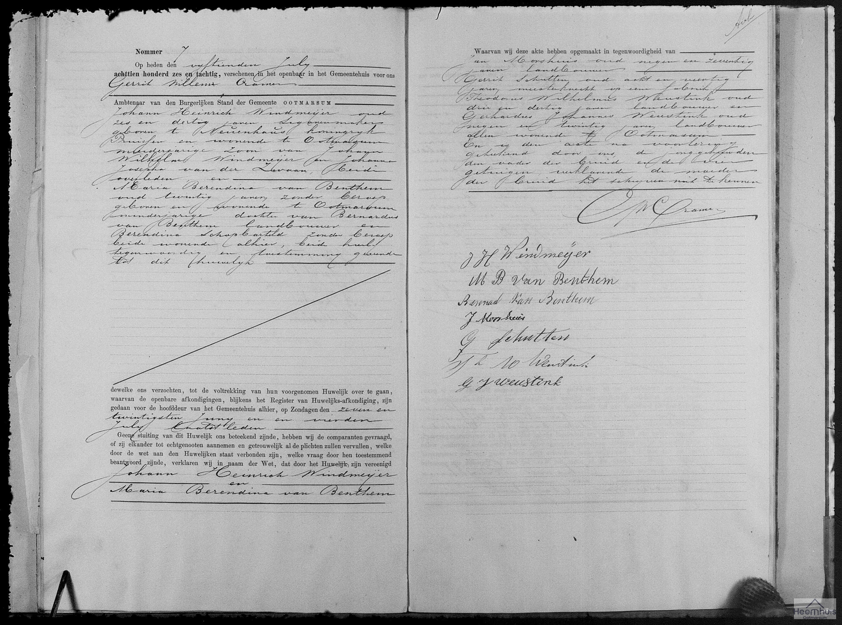 Huwelijksakte van Johann Heinrich Windmeijer en Maria Berendina van Benthem Huwelijksakte van Johann Heinrich Windmeijer en Maria Berendina van Benthem