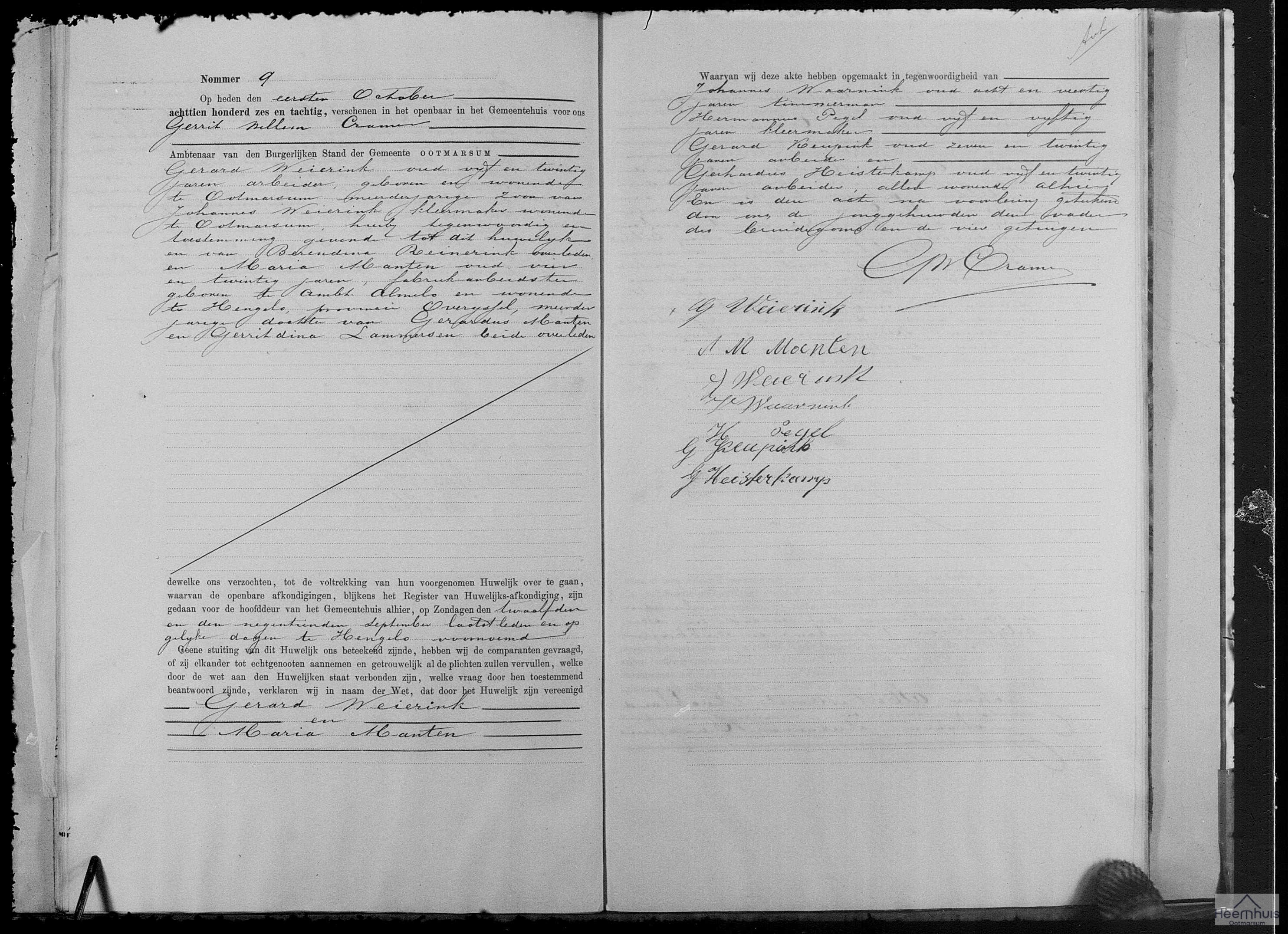 Huwelijksakte van Gerard Weierink en Maria Manten Huwelijksakte van Gerard Weierink en Maria Manten