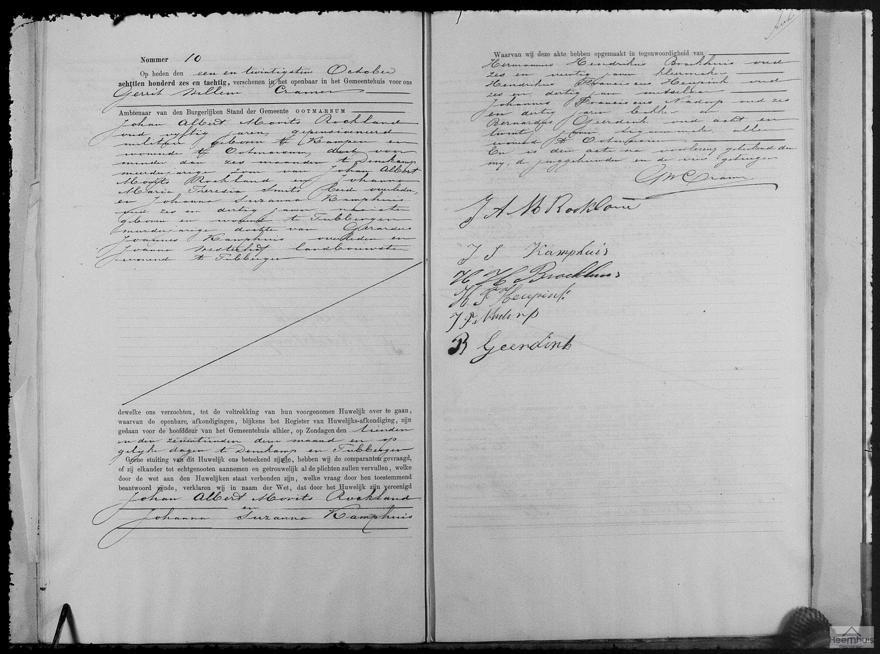 Huwelijksakte van Johan Albert Morits Rockland en Johanna Suzanna Kamphuis