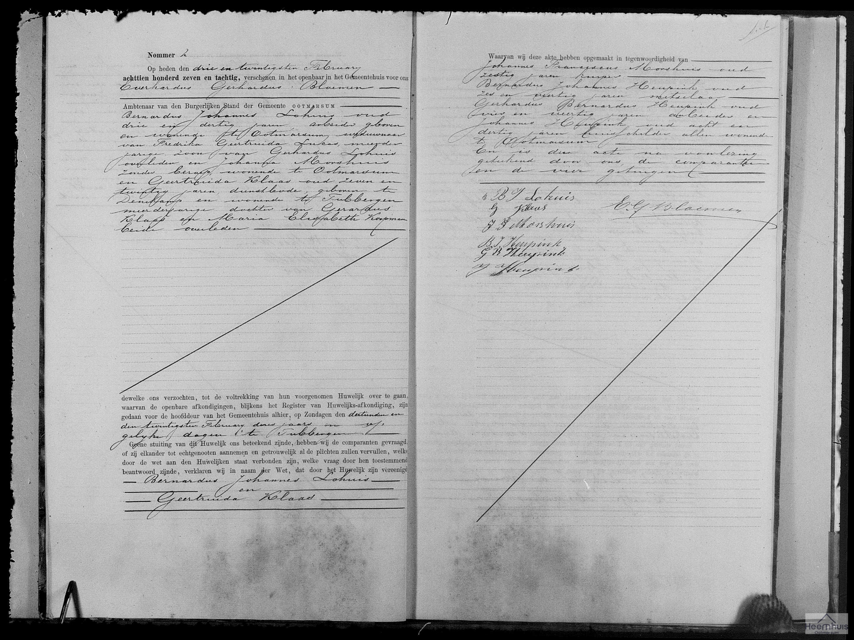 Huwelijksakte van Bernardus Johannes Lohuis en Geertruida Klaas
