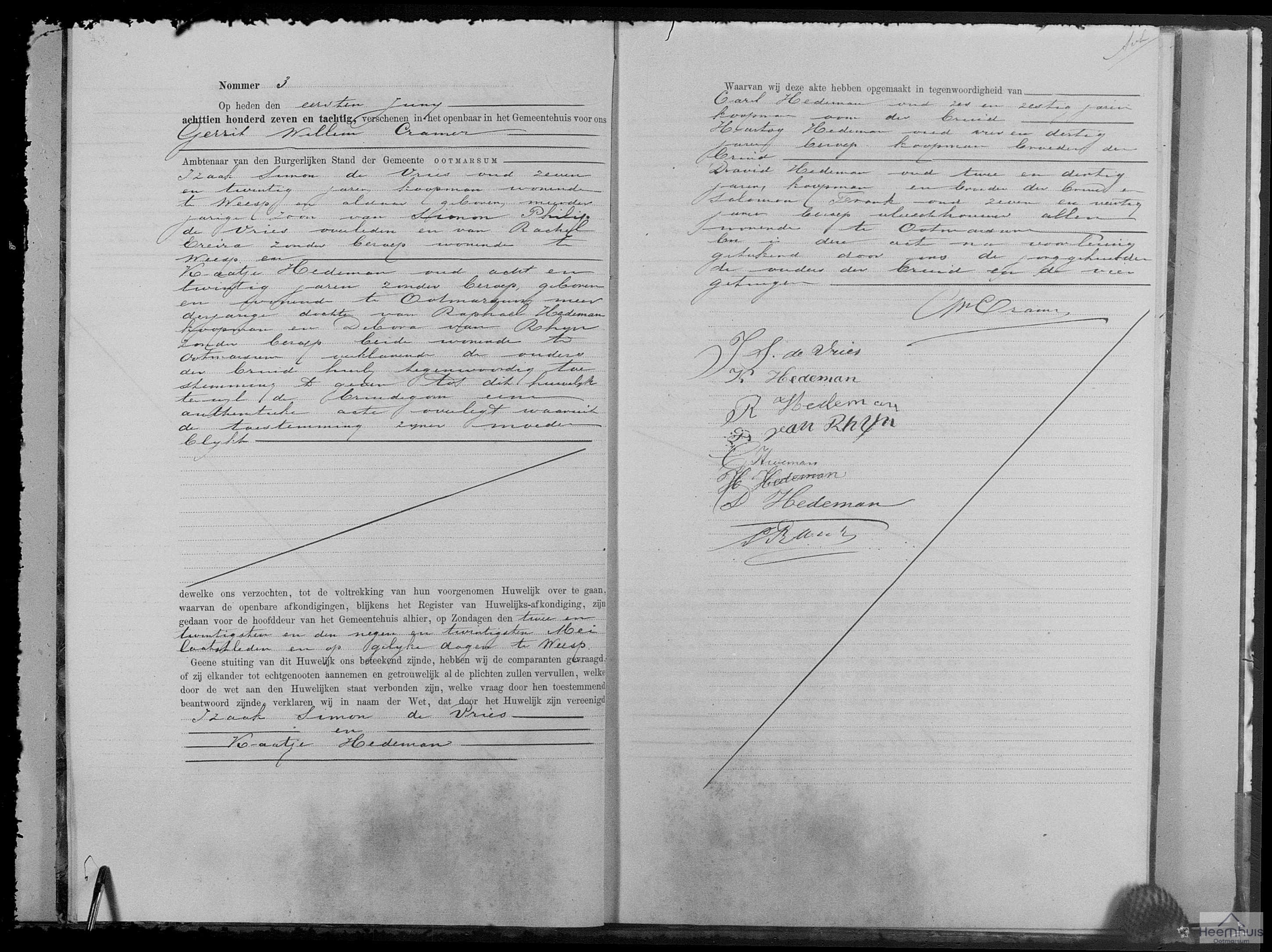 Huwelijksakte van Izaak Simon de Vries en Kaatje Hedeman