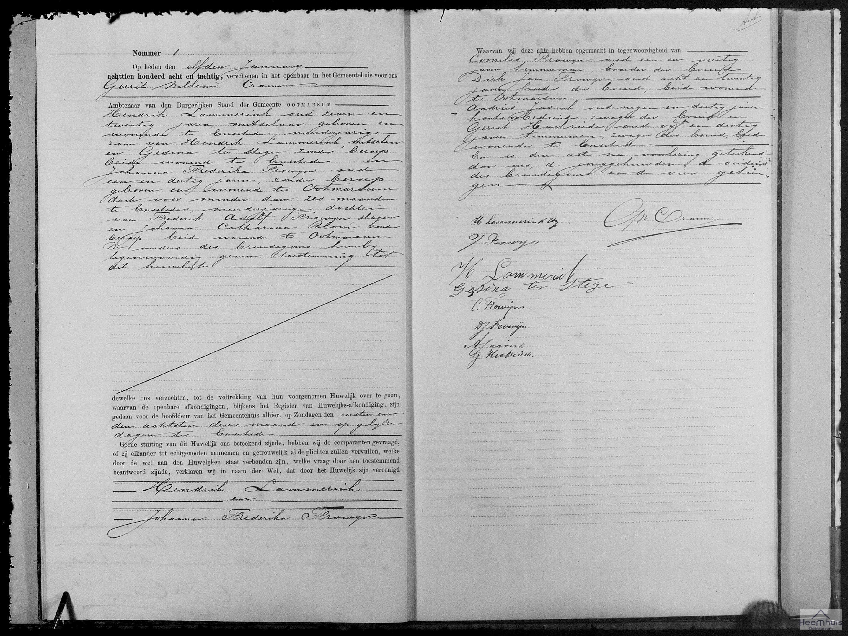 Huwelijksakte van Hendrik Lammerink en Johanna Frederika Frowijn