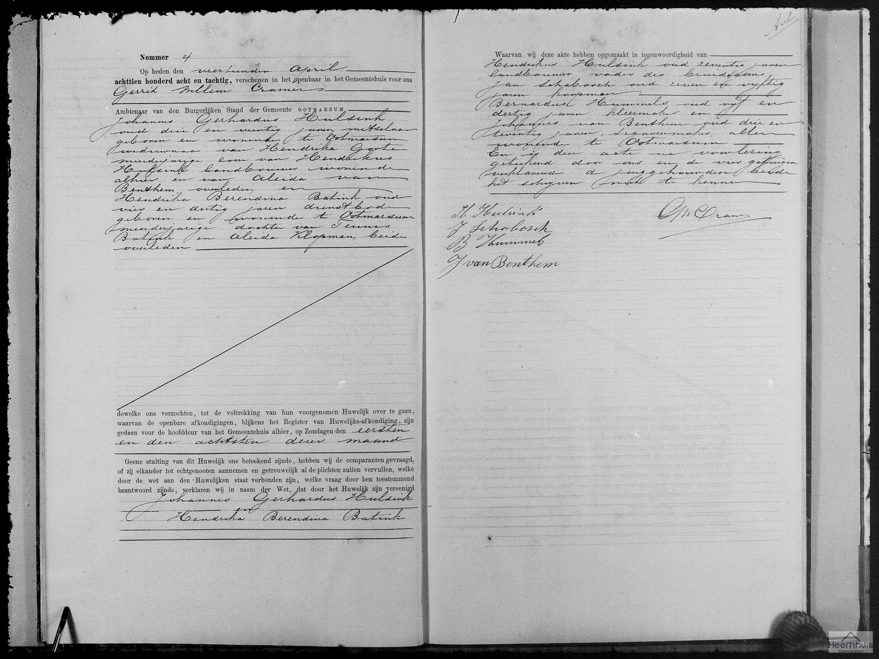 Huwelijksakte van Johannes Gerhardus Hulsink en Hendrika Berendina Batink