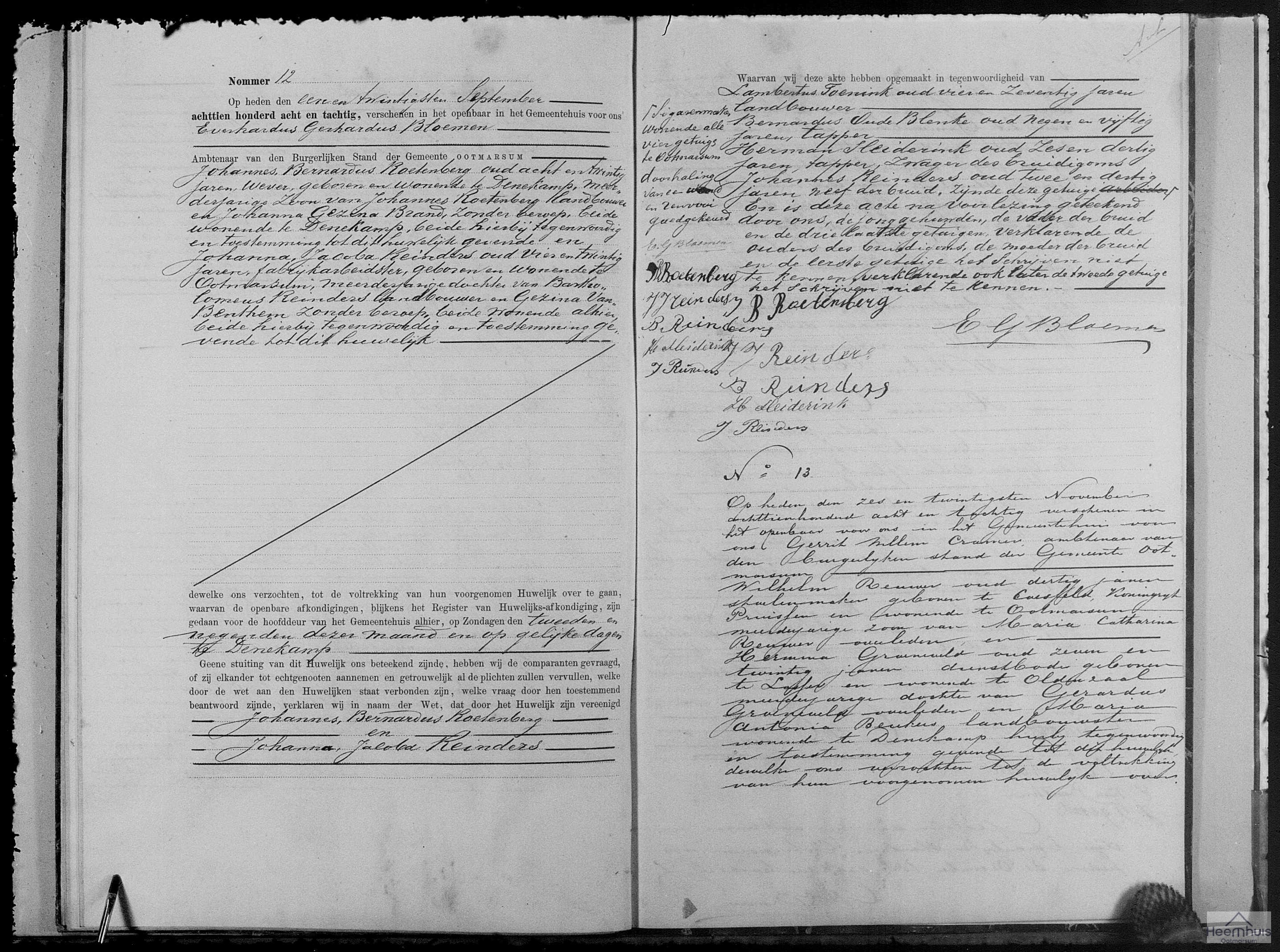 Huwelijksakte van Wilhelm Reuwer en Hermina Groeneveld