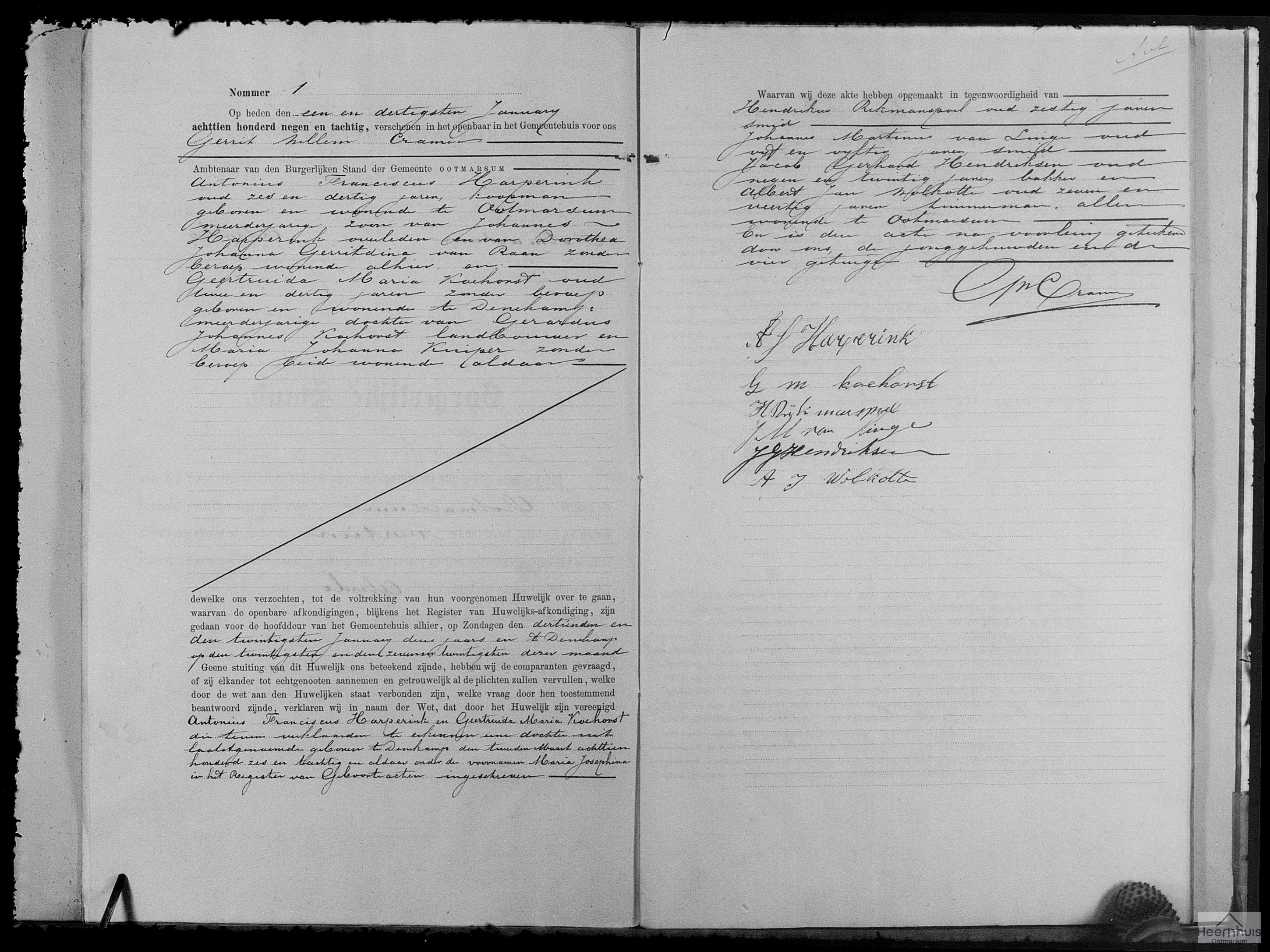 Huwelijksakte van Antonius Franciscus Harperink en Geertruida Maria Koehorst