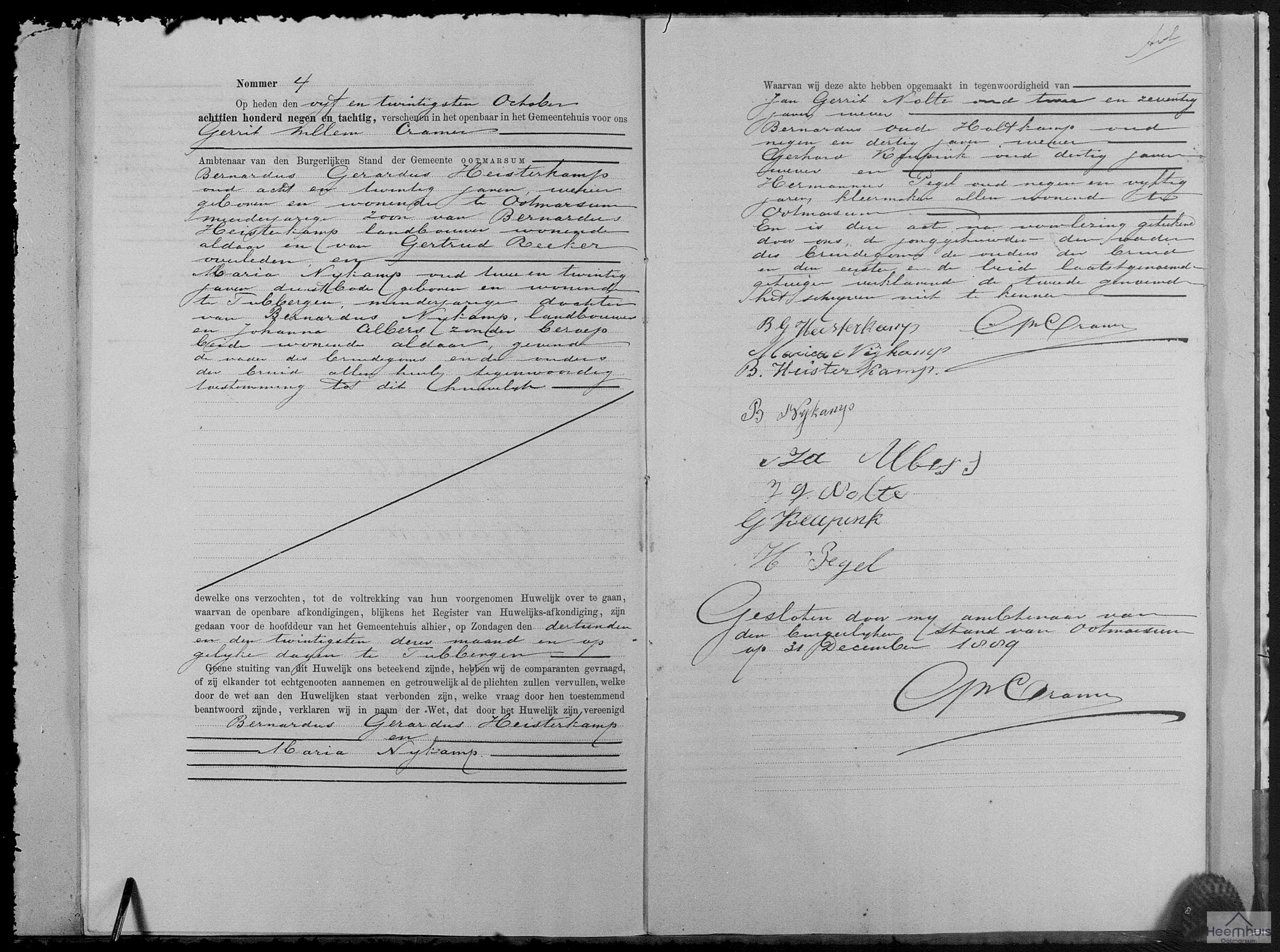 Huwelijksakte van Bernardus Gerardus Heisterkamp en Maria Nijkamp