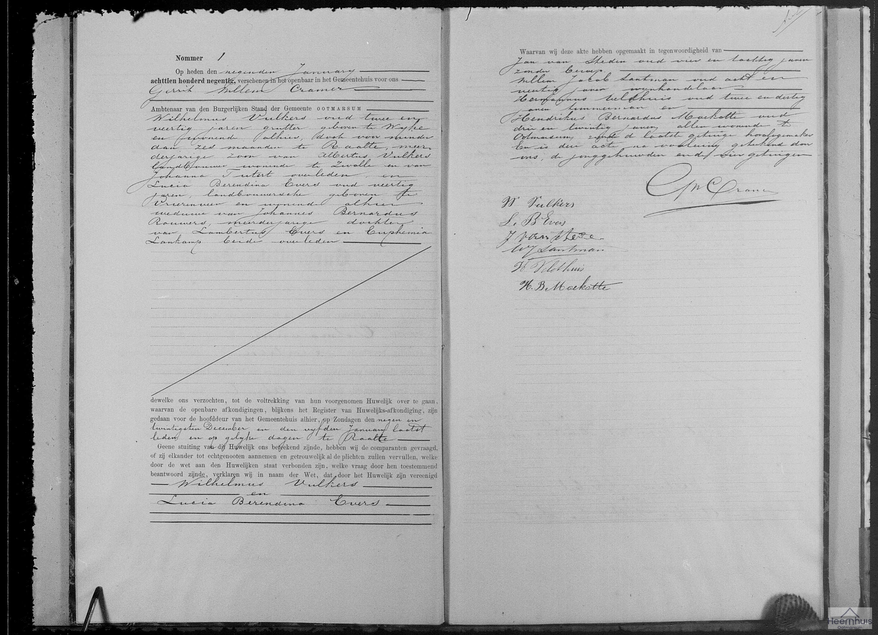 Huwelijksakte van Wilhelmus Vulkers en Lucia Berendina Evers