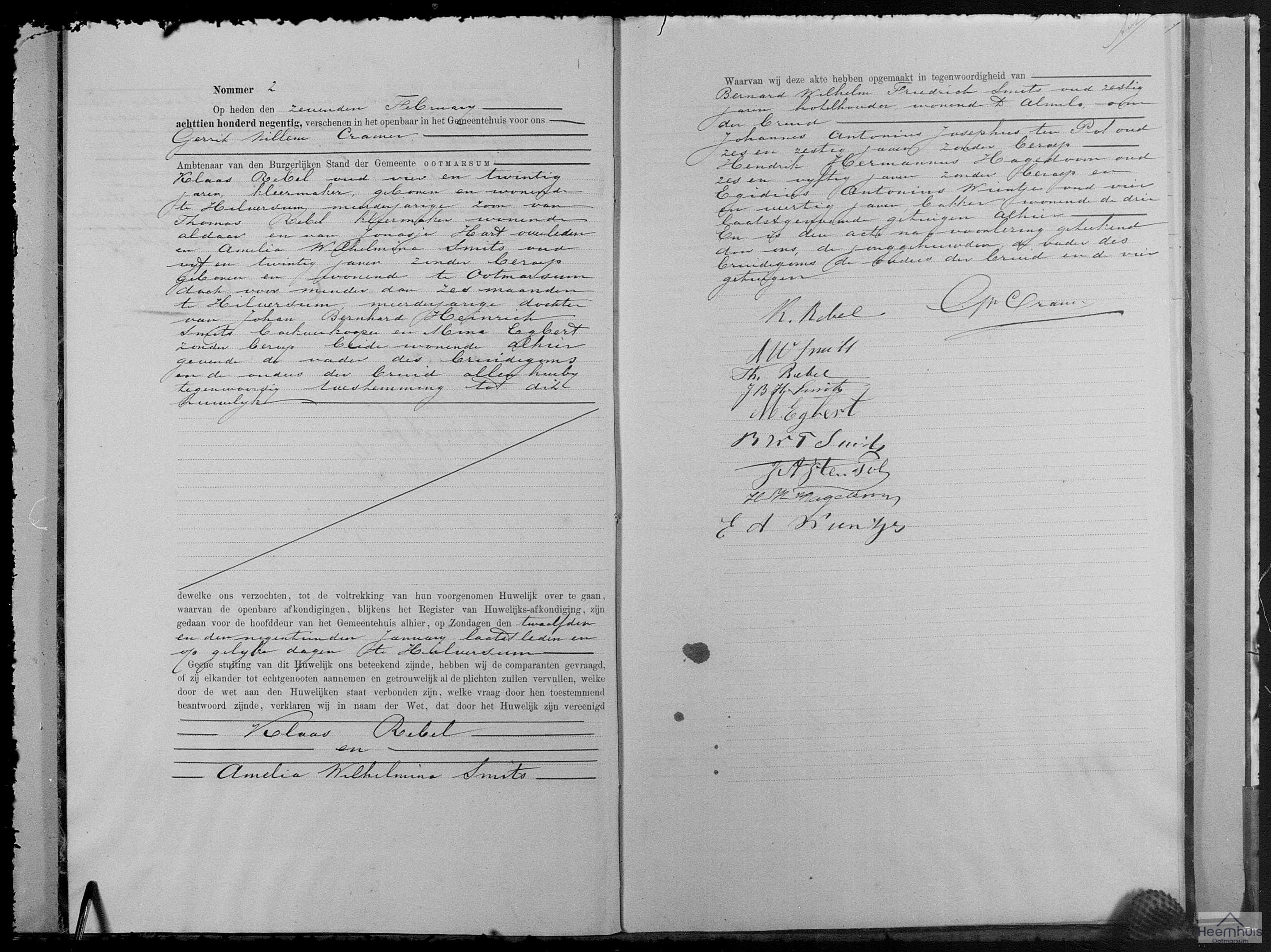 Huwelijksakte van Klaas Rebel en Amelia Wilhelmina Smits