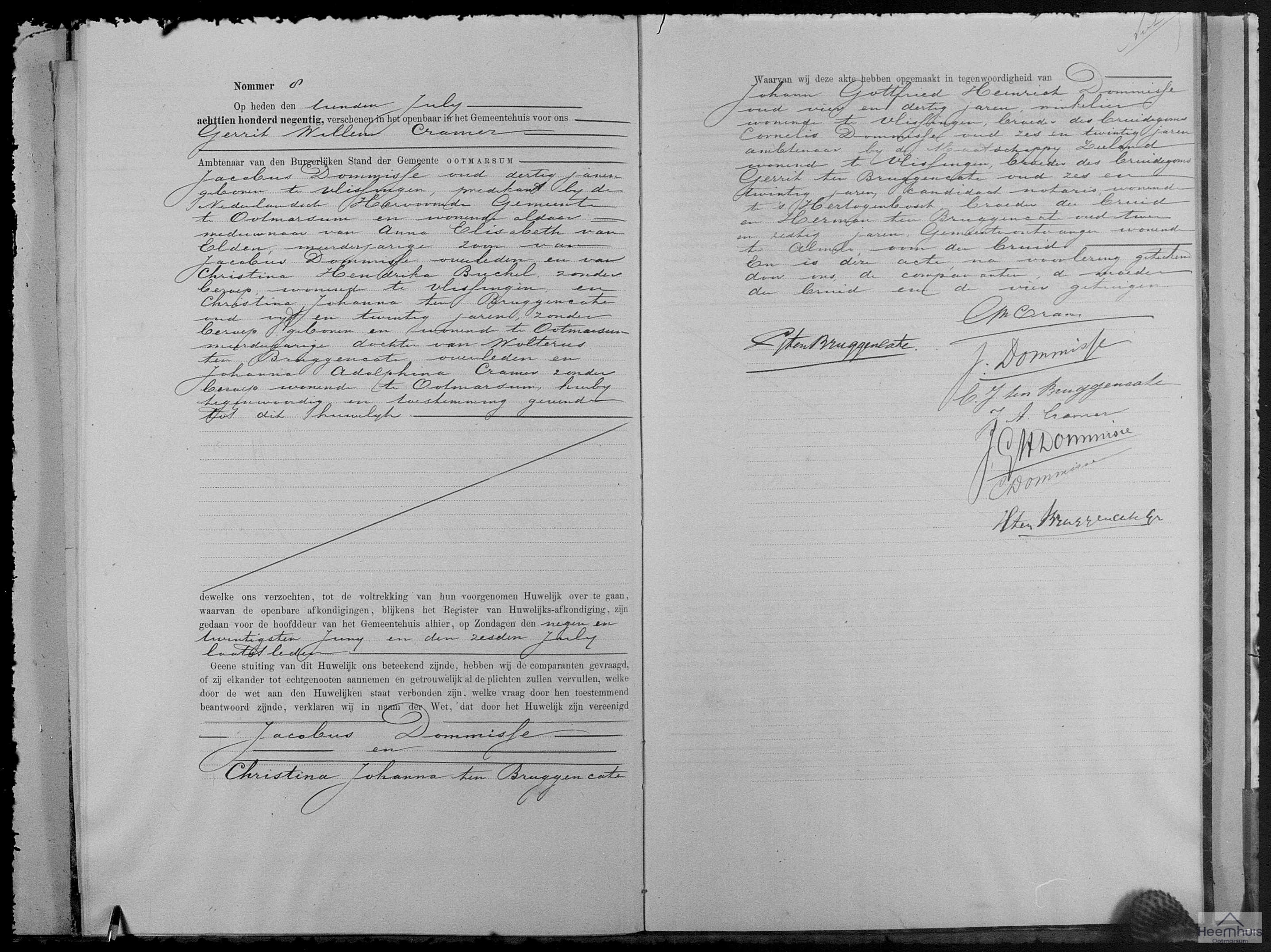 Huwelijksakte van Jacobus Dommisse en Christina Johanna ten Bruggencate