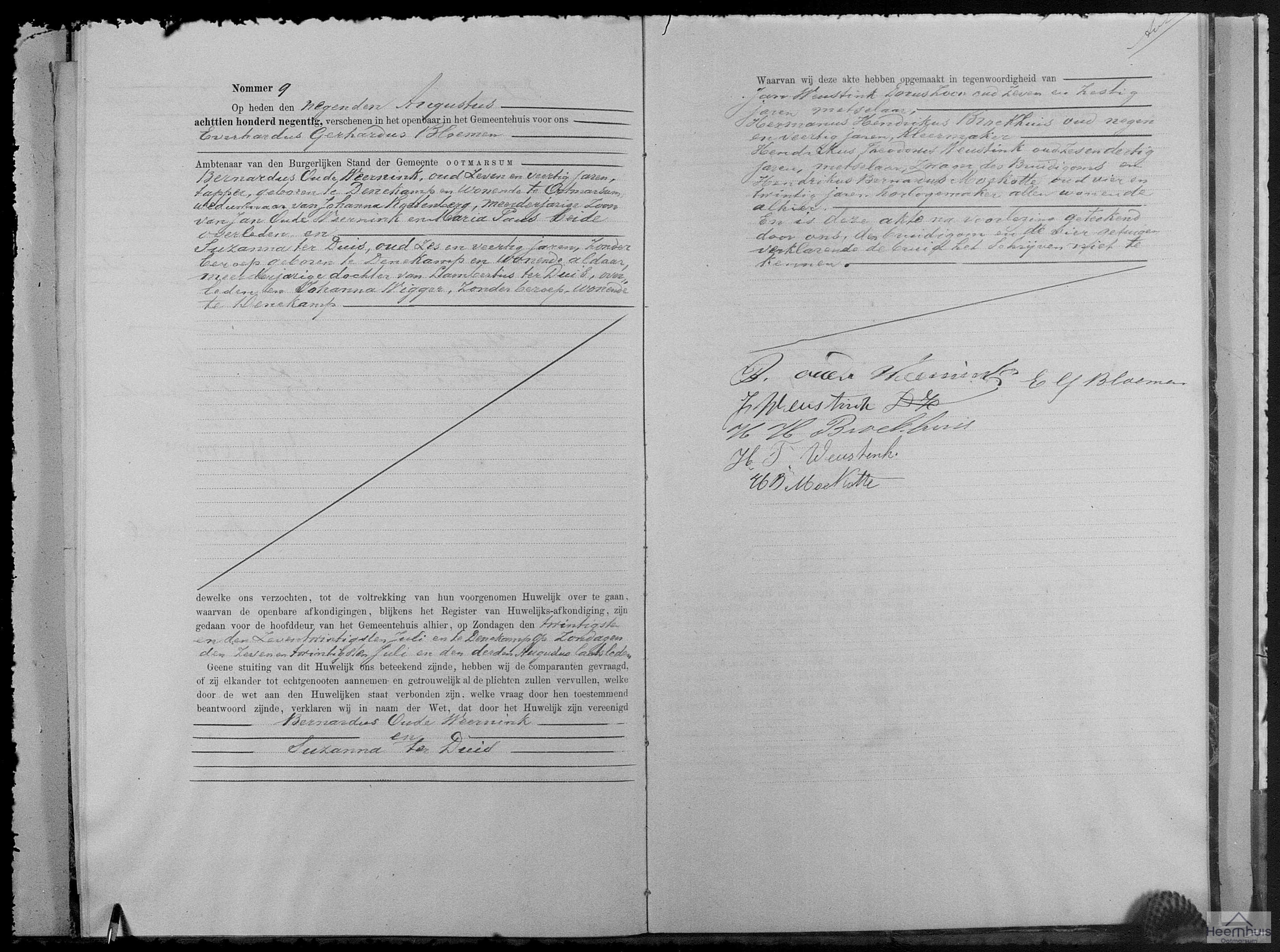 Huwelijksakte van Bernardus Oude Weernink en Suzanna ter Duis