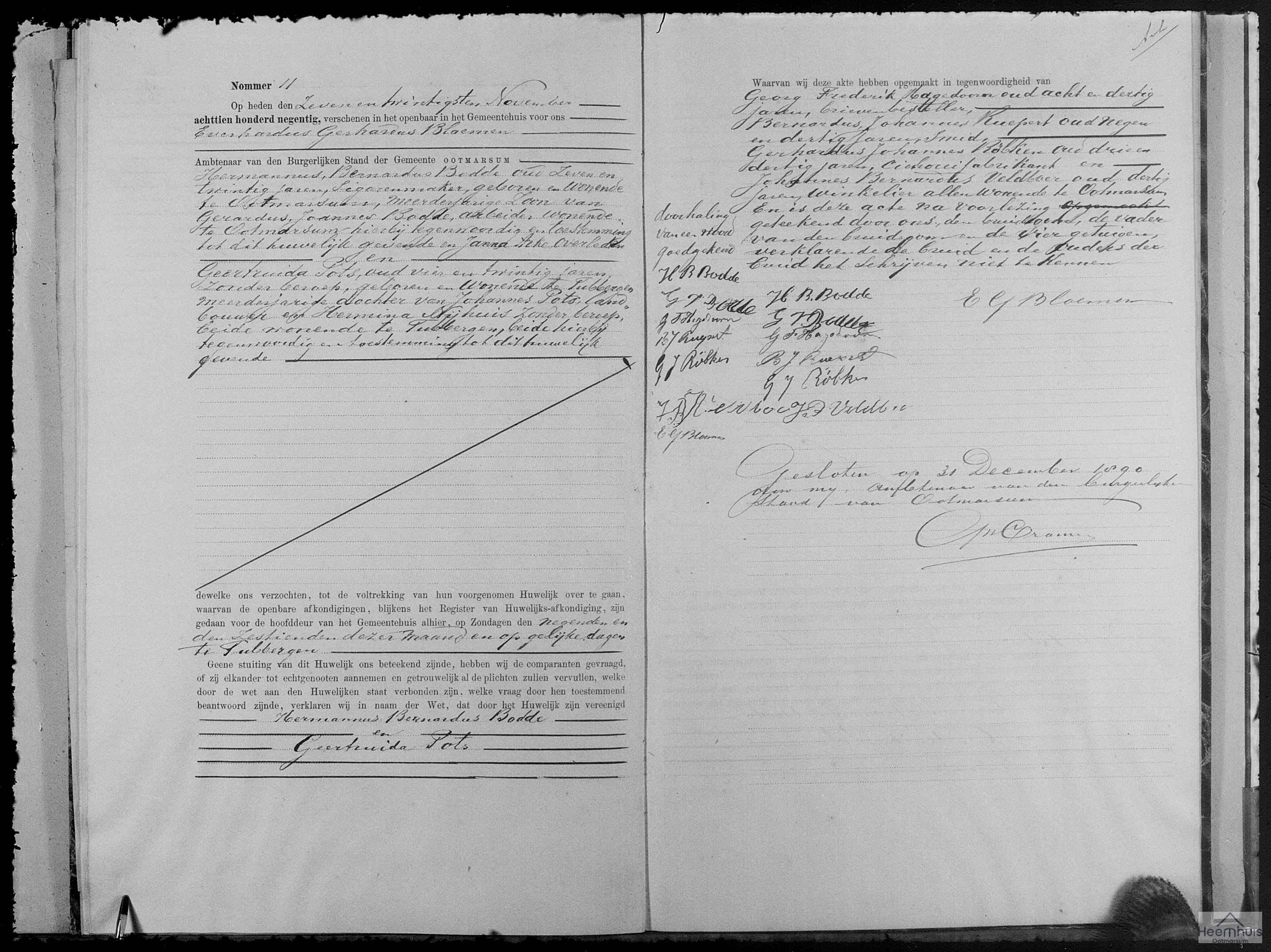 Huwelijksakte van Hermannus Bernardus Bodde en Geertruida Pots