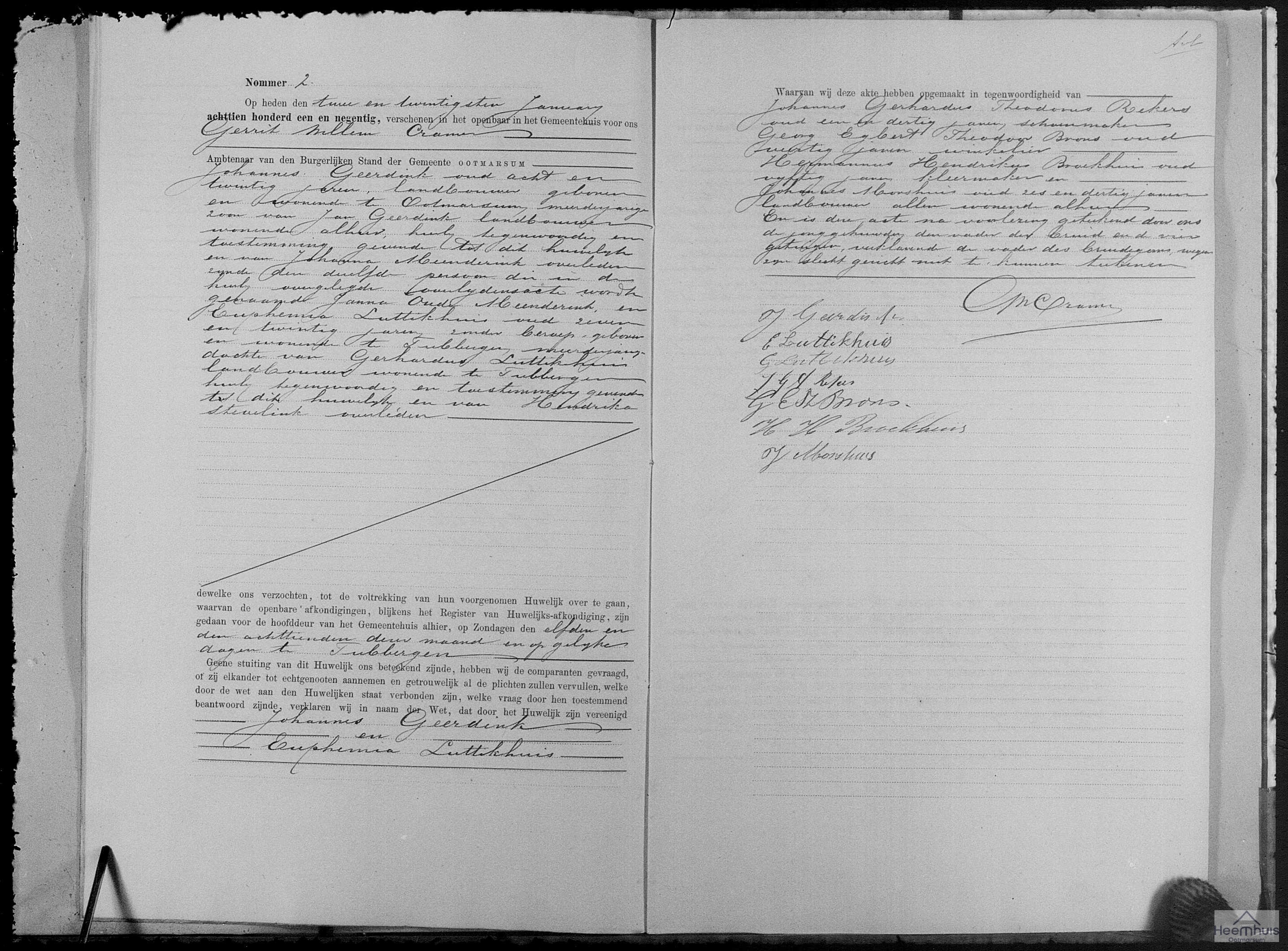 Huwelijksakte van Johannes Geerdink en Euphemia Luttikhuis