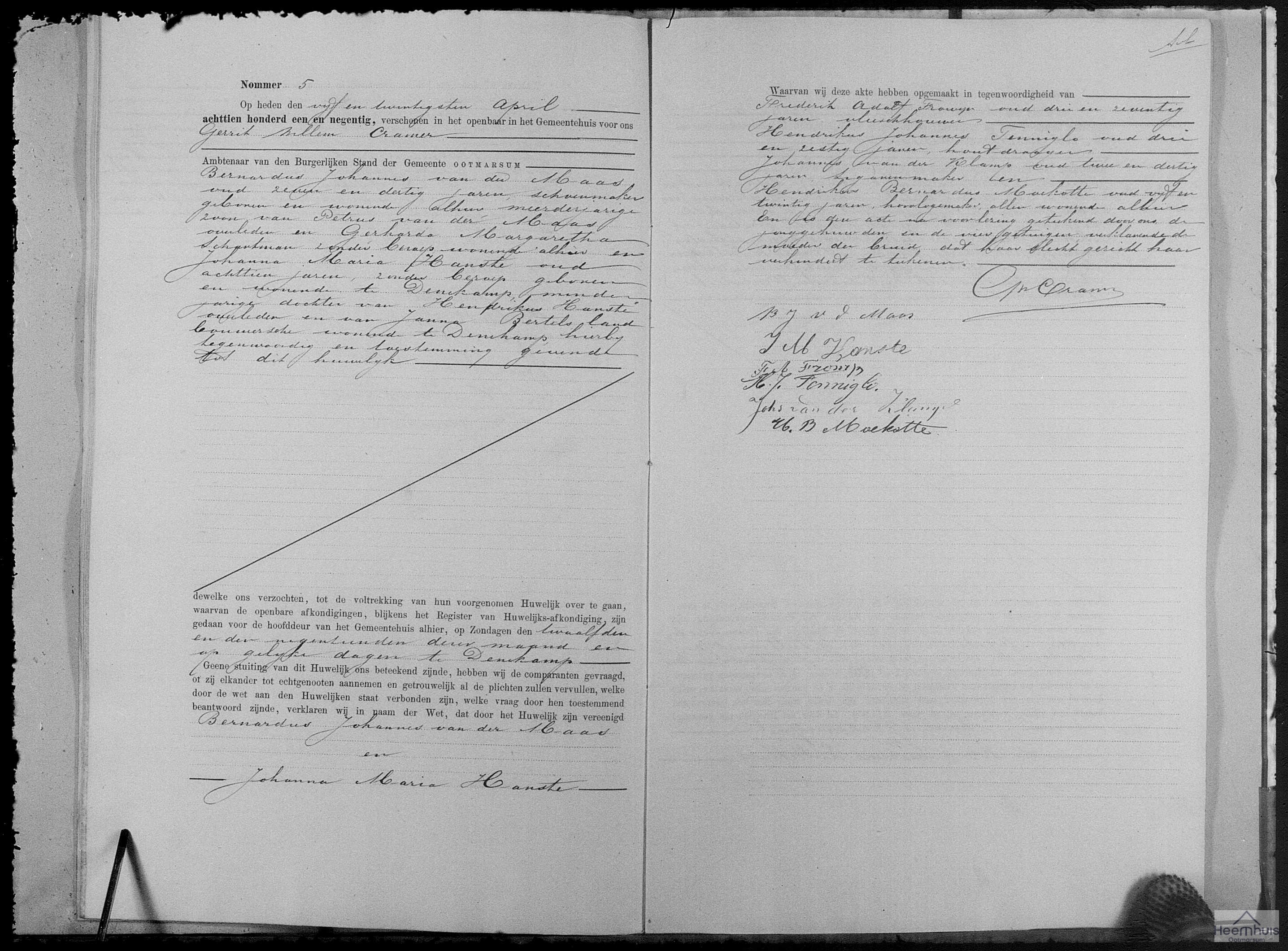 Huwelijksakte van Bernardus Johannes van der Maas en Johanna Maria Hansté Huwelijksakte van Bernardus Johannes van der Maas en Johanna Maria Hansté