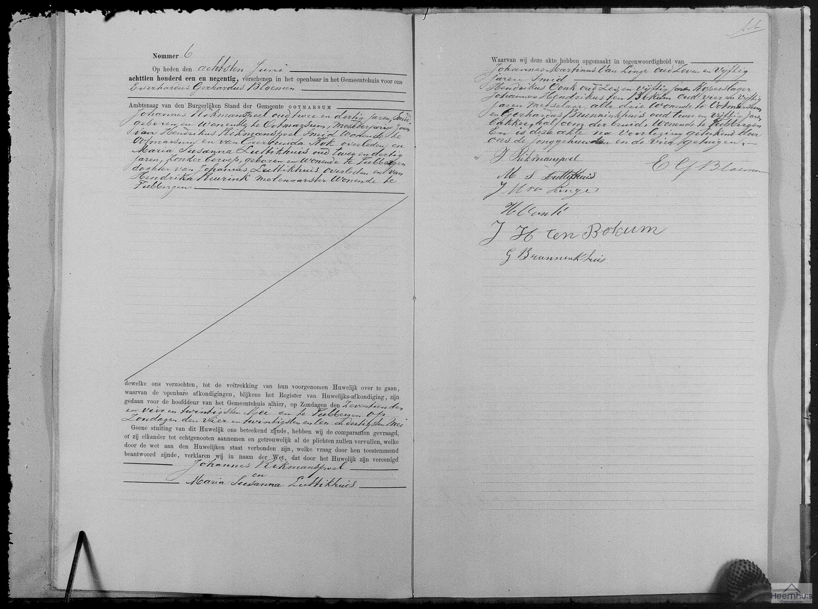 Huwelijksakte van Johannes Rikmanspoel en Maria Susanna Luttikhuis