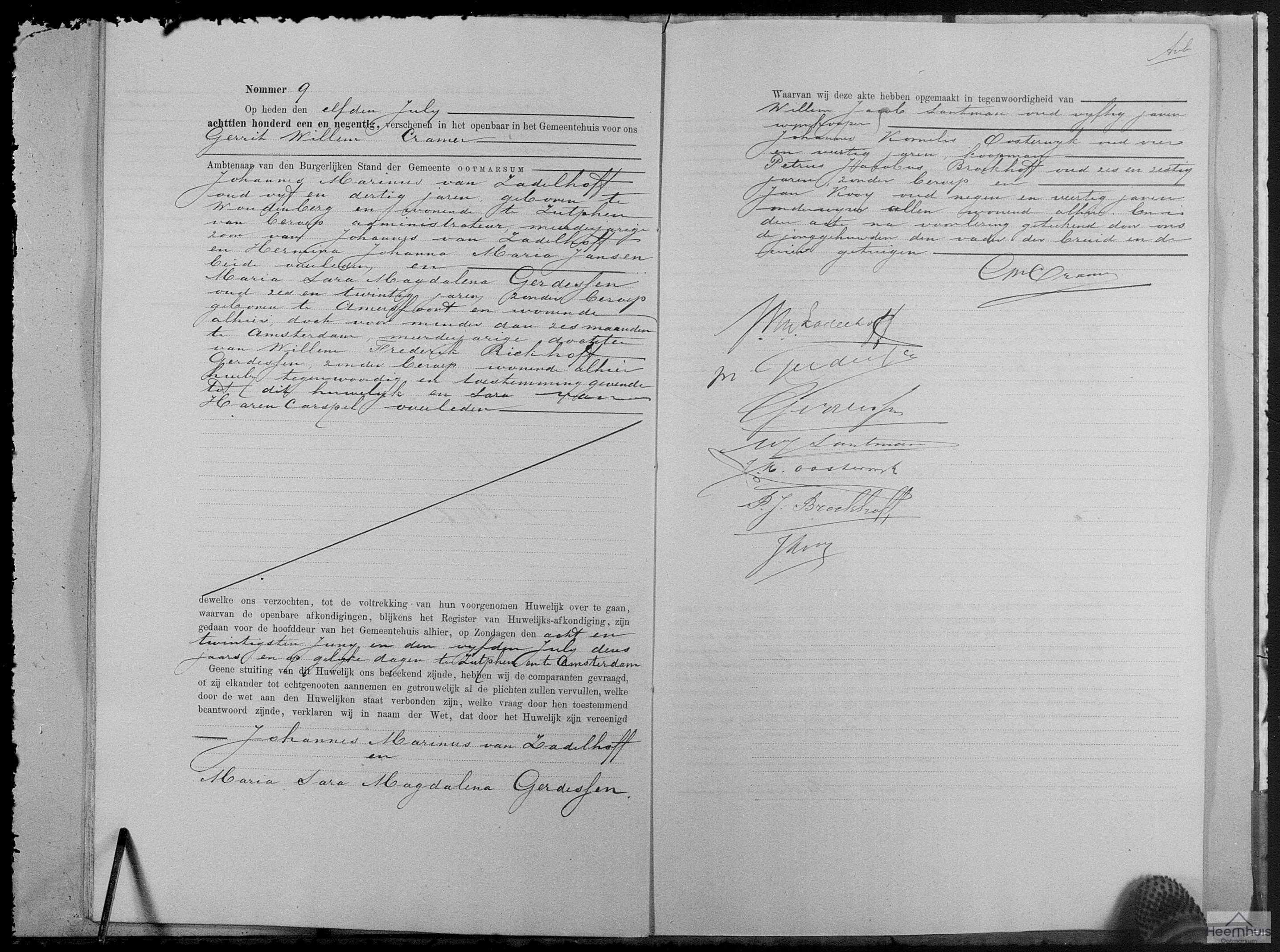 Huwelijksakte van Johannes Marinus van Zadelhoff en Maria Sara Magdalena Gerdessen