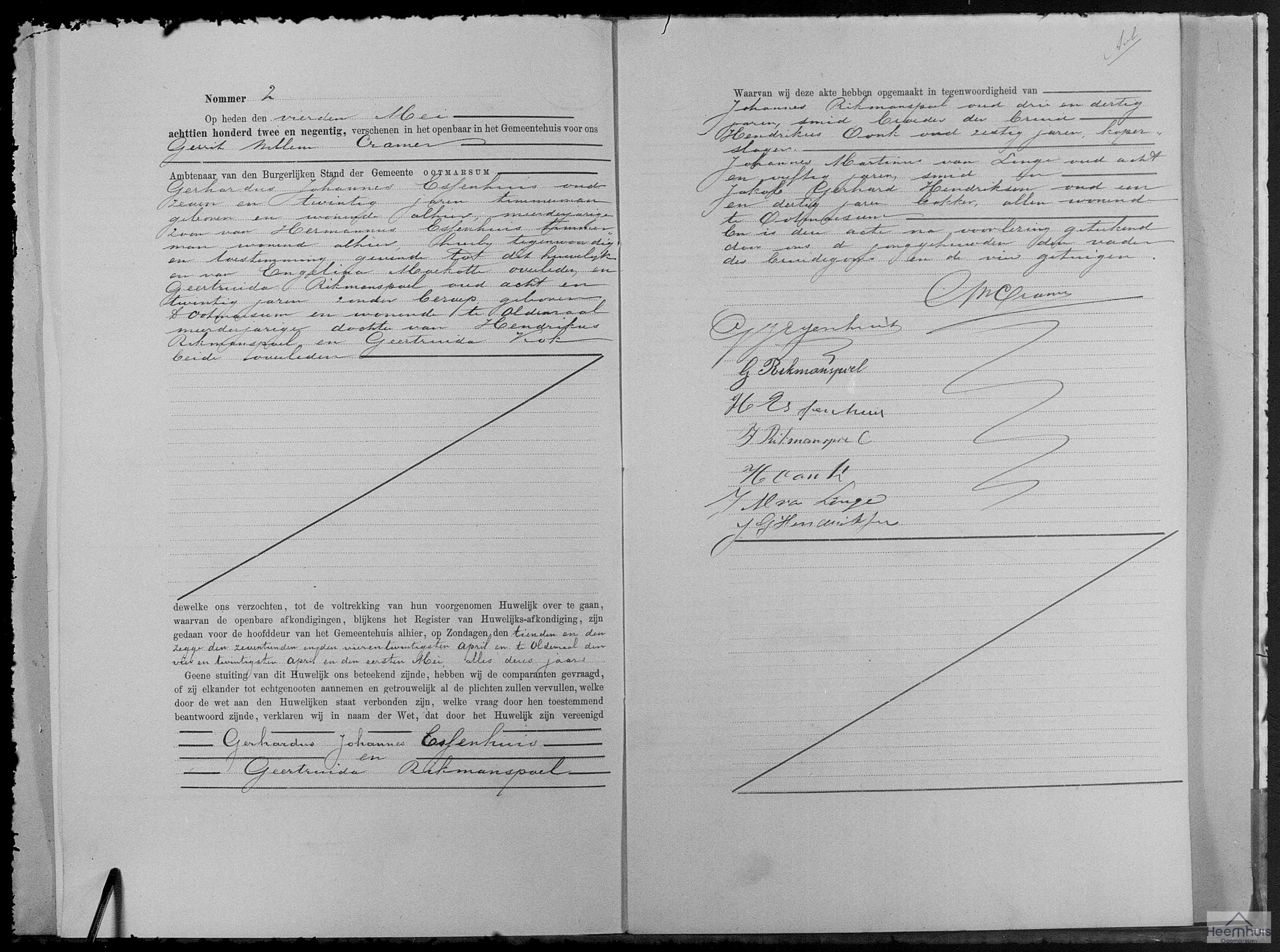 Huwelijksakte van Gerhardus Johannes Essenhuis en Geertruida Rikmanspoel Huwelijksakte van Gerhardus Johannes Essenhuis en Geertruida Rikmanspoel