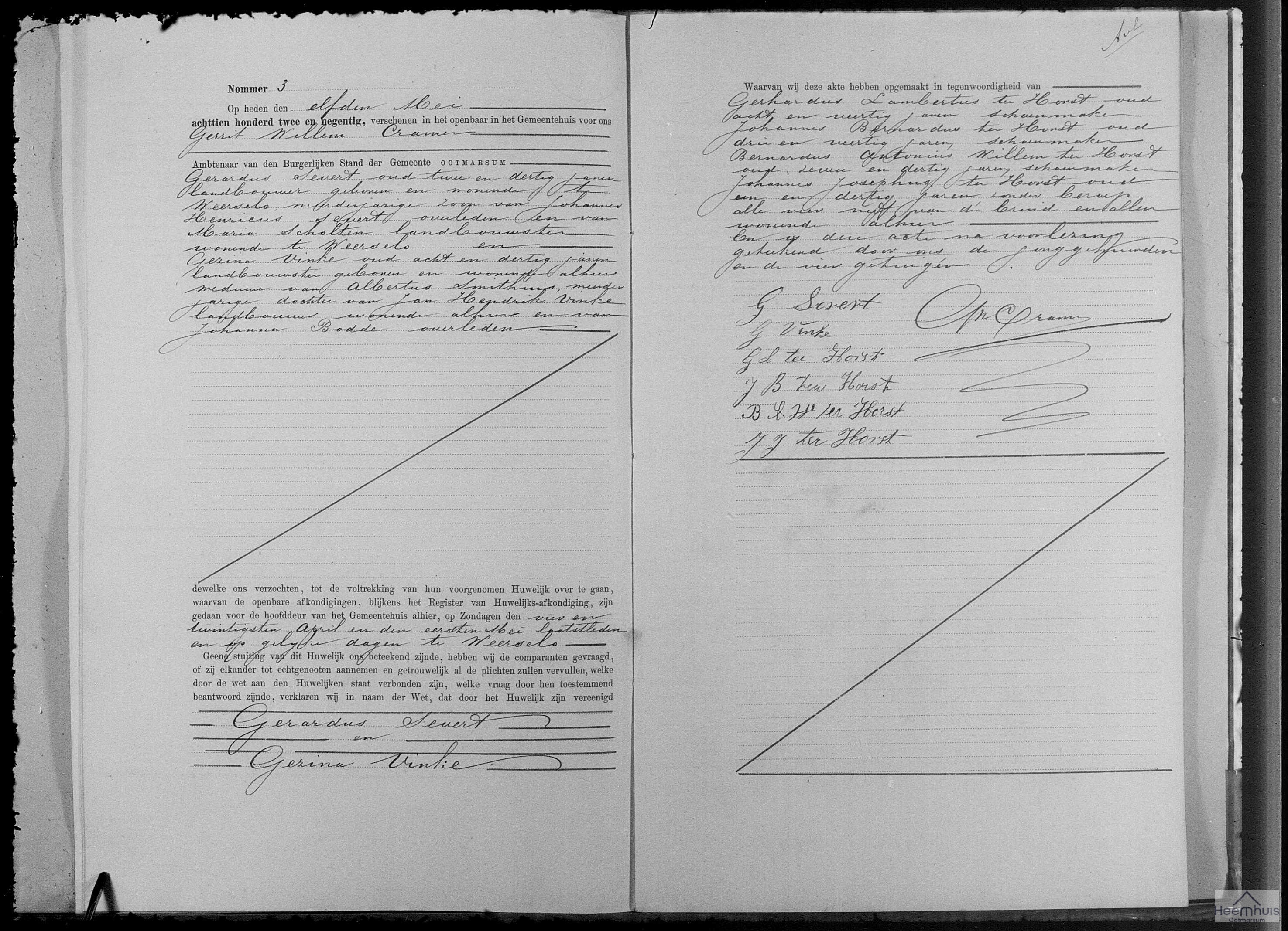 Huwelijksakte van Gerardus Severt en Gezina Vinke Huwelijksakte van Gerardus Severt en Gezina Vinke