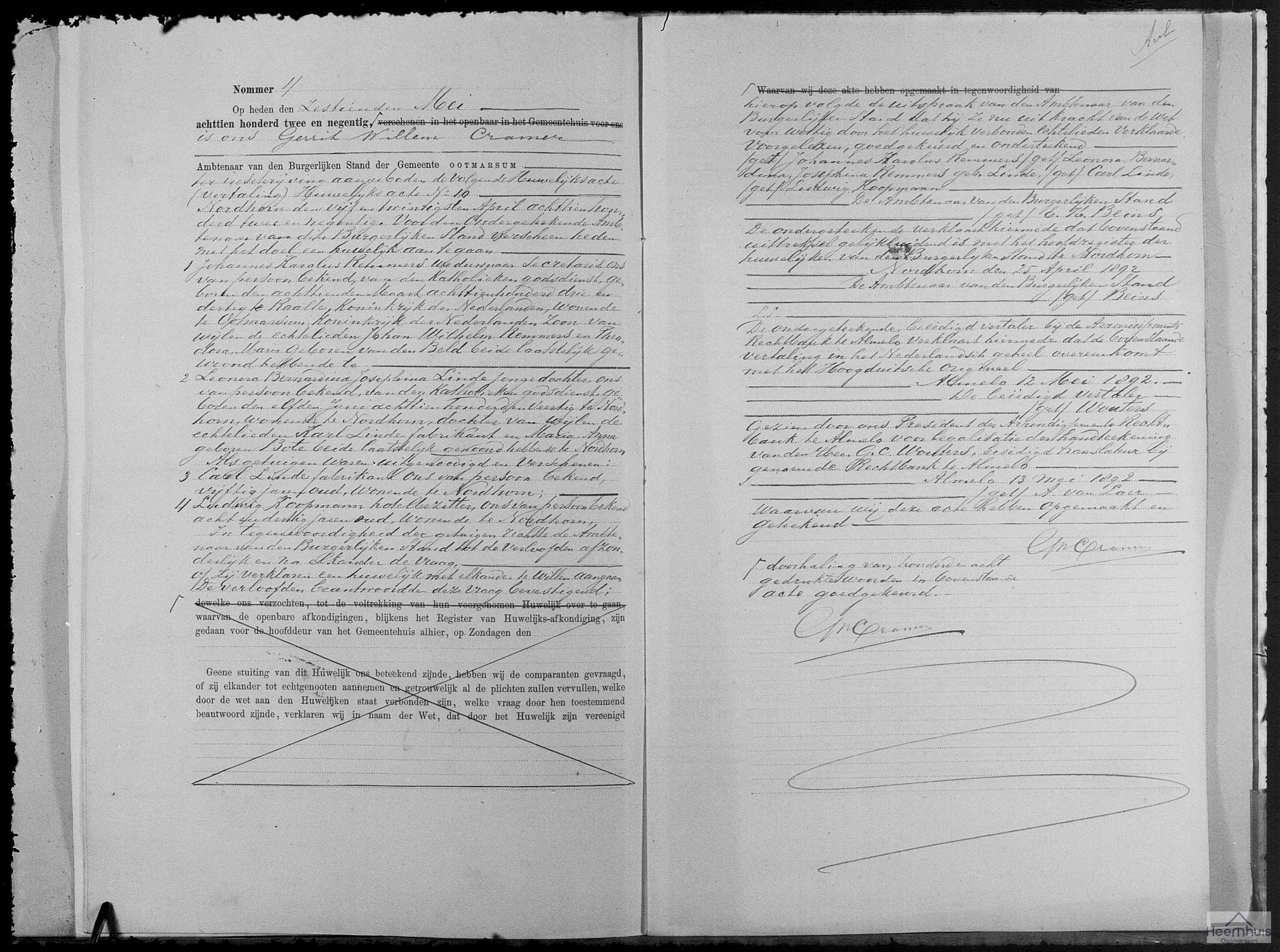 Huwelijksakte van Johannes Karolus Remmers en Leonora Bernardina Josephina Linde