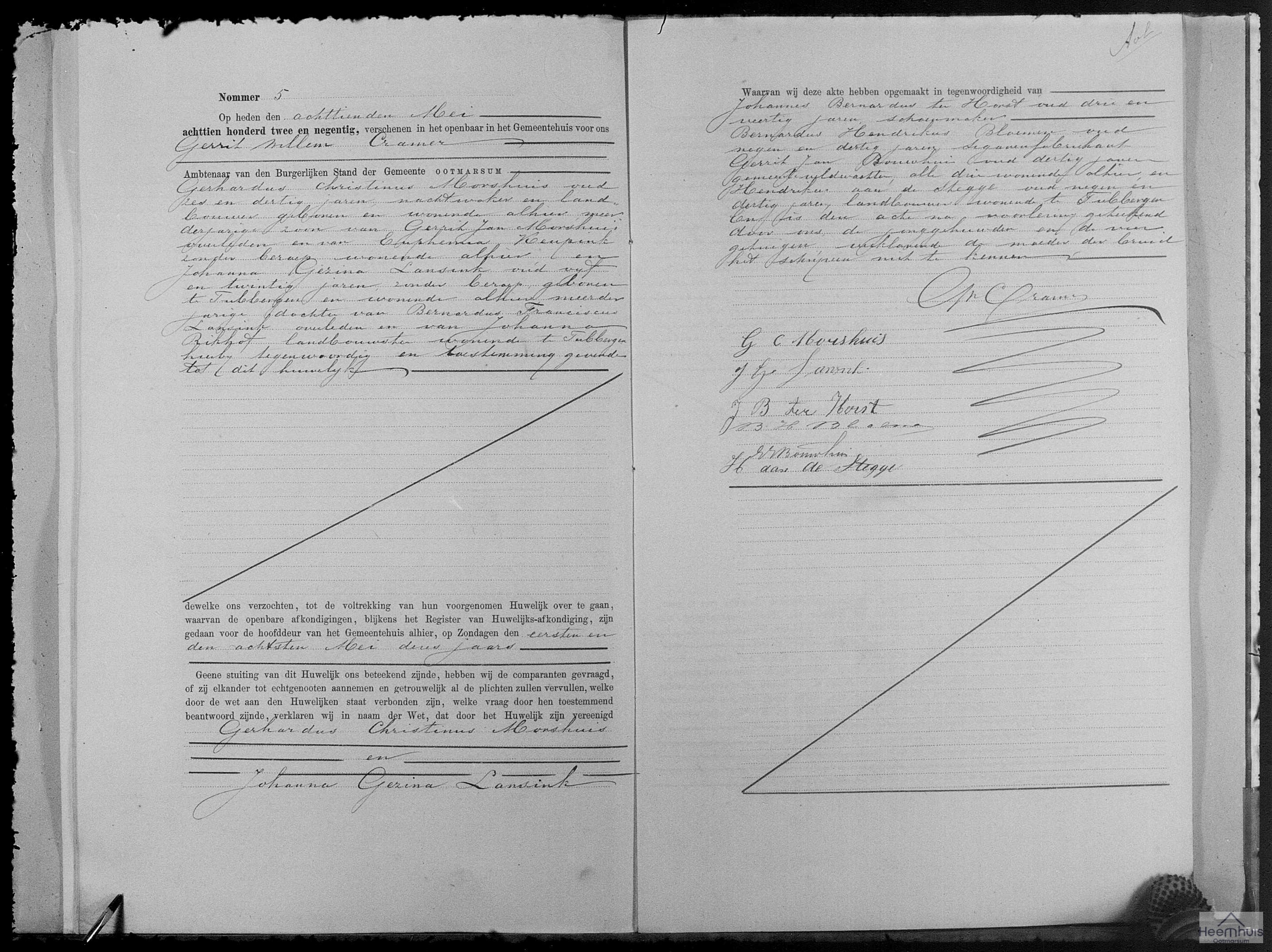 Huwelijksakte van Gerhardus Christinus Morshuis en Johanna Gezina Lansink Huwelijksakte van Gerhardus Christinus Morshuis en Johanna Gezina Lansink
