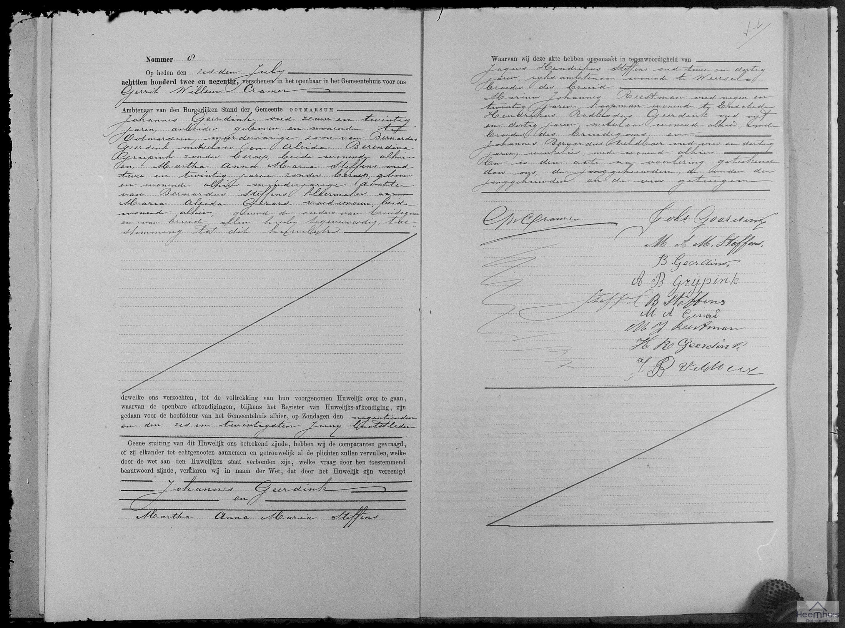 Huwelijksakte van Johannes Geerdink en Martha Anna Maria Steffens