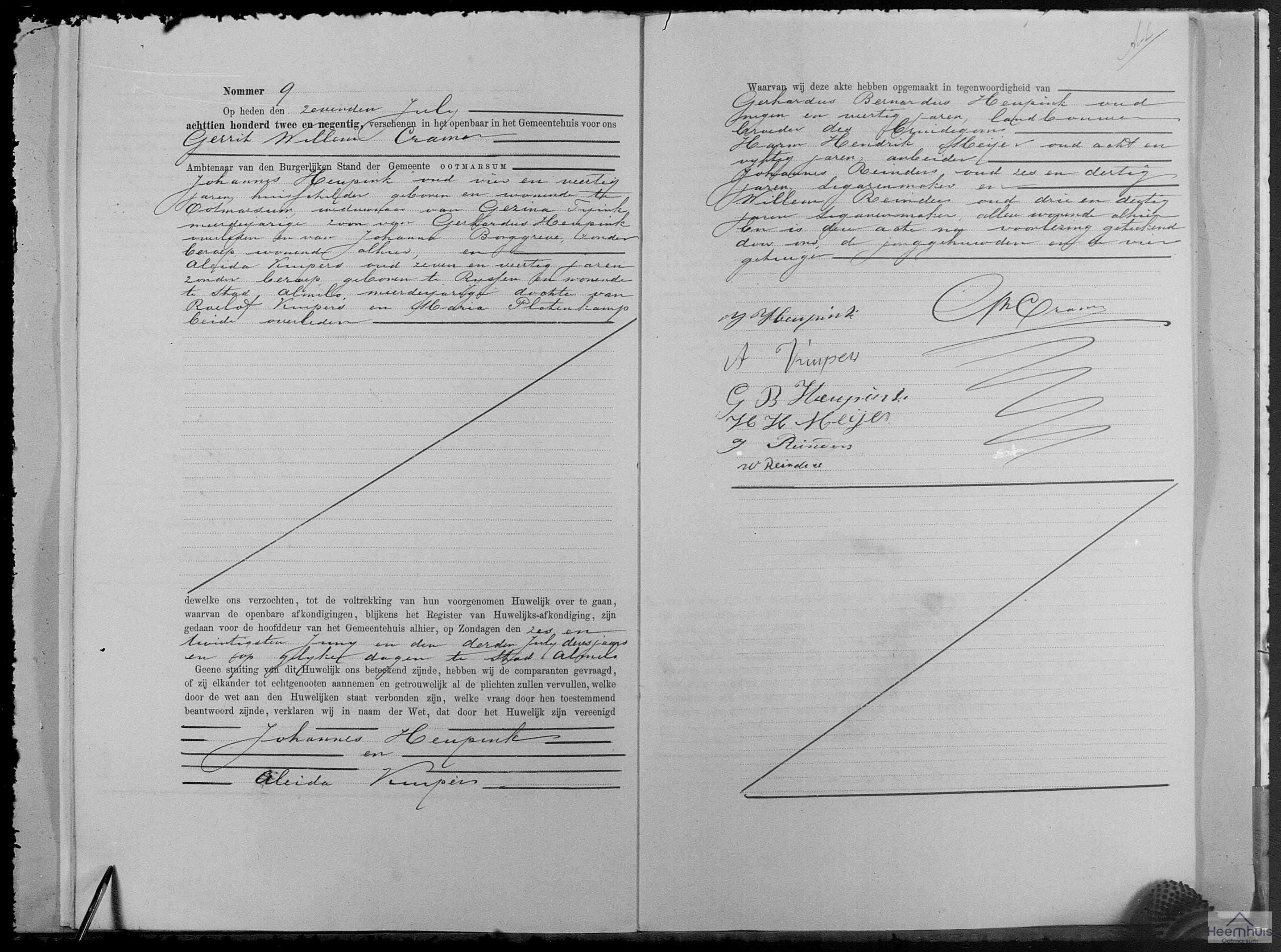 Huwelijksakte van Johannes Heupink en Aleida Kuipers