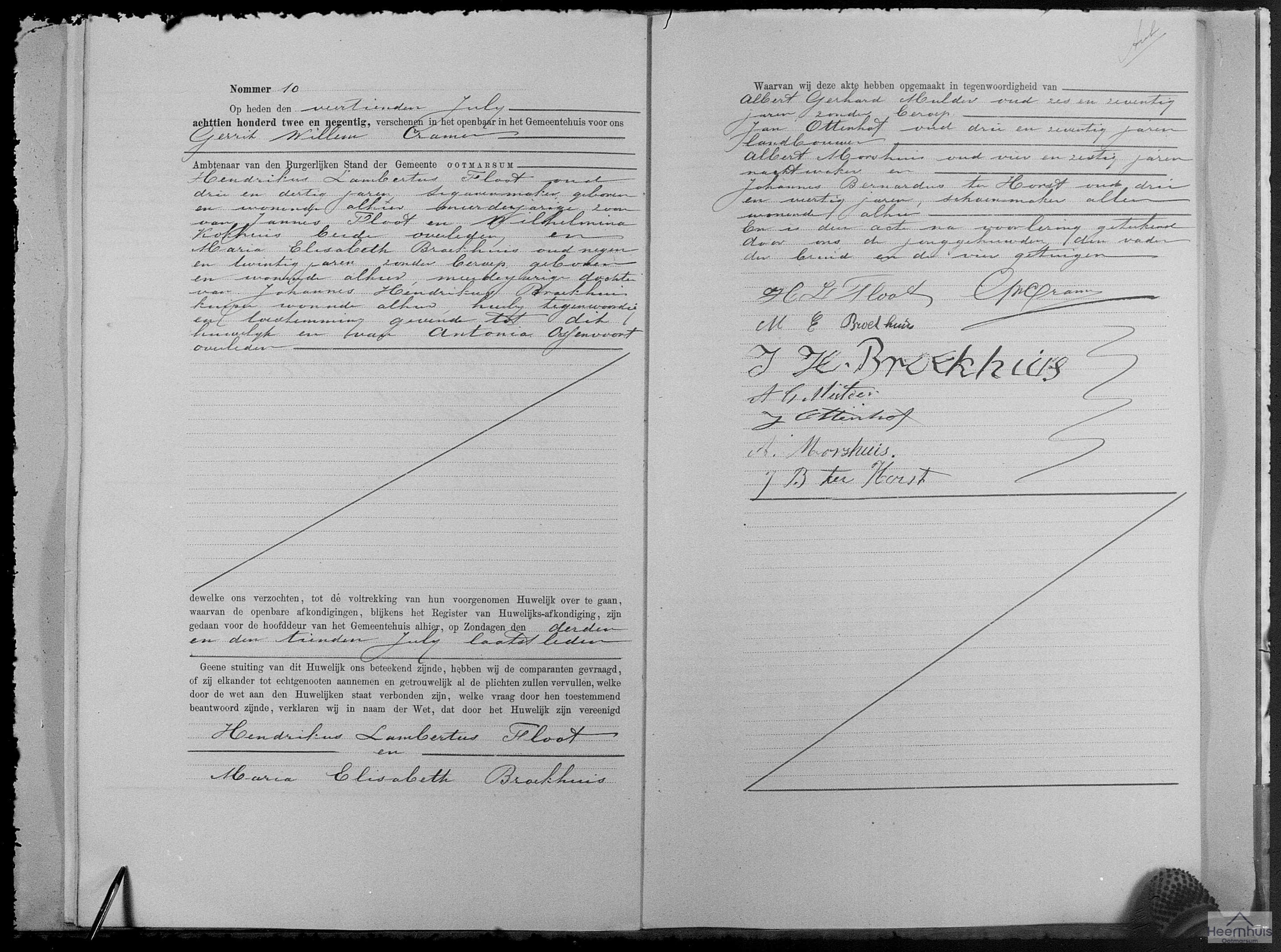 Huwelijksakte van Hendrikus Lambertus Floot en Maria Elisabeth Broekhuis Huwelijksakte van Hendrikus Lambertus Floot en Maria Elisabeth Broekhuis