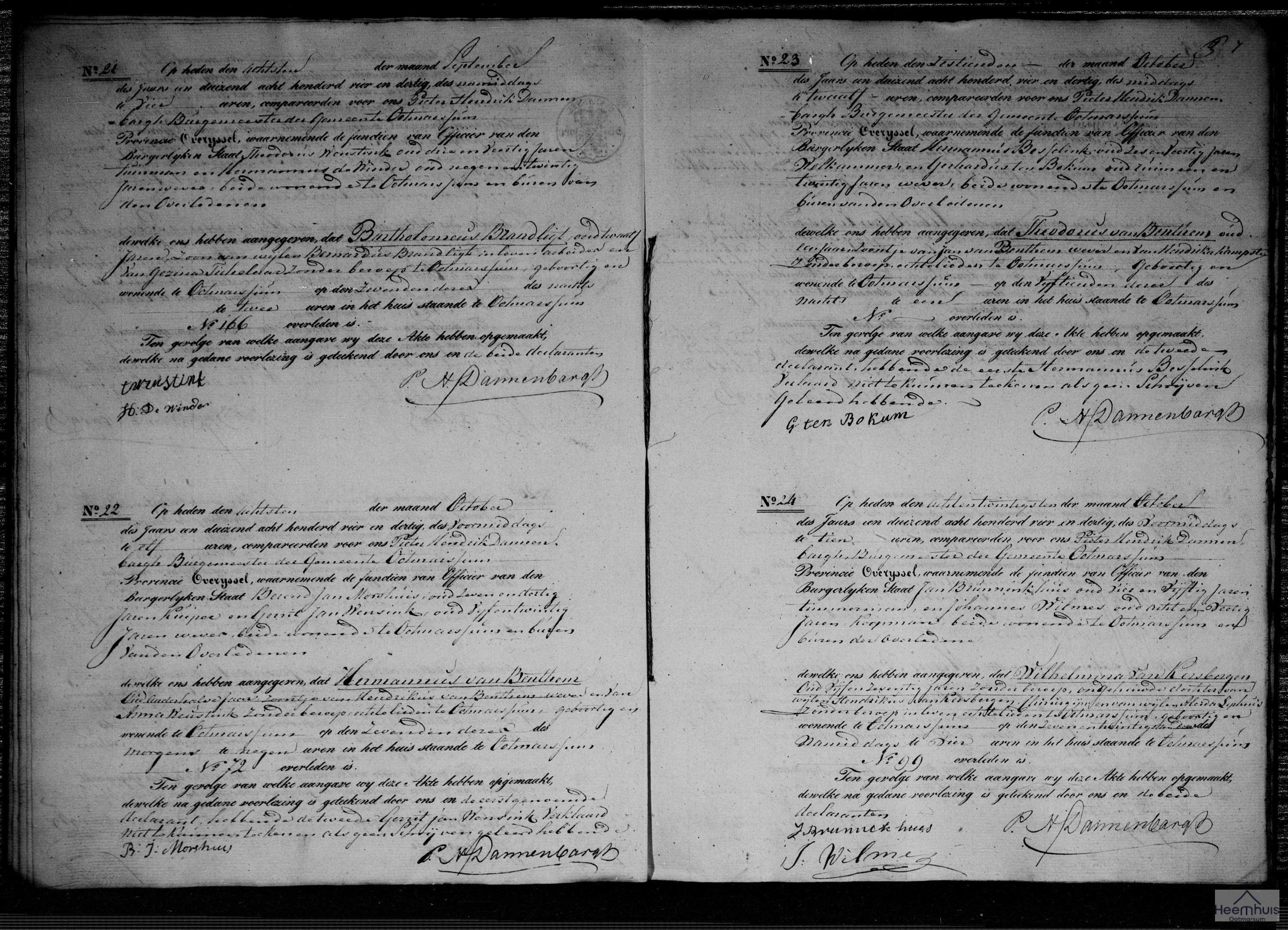 Overlijdensakte van Theodorus van Benthem Overlijdensakte van Theodorus van Benthem