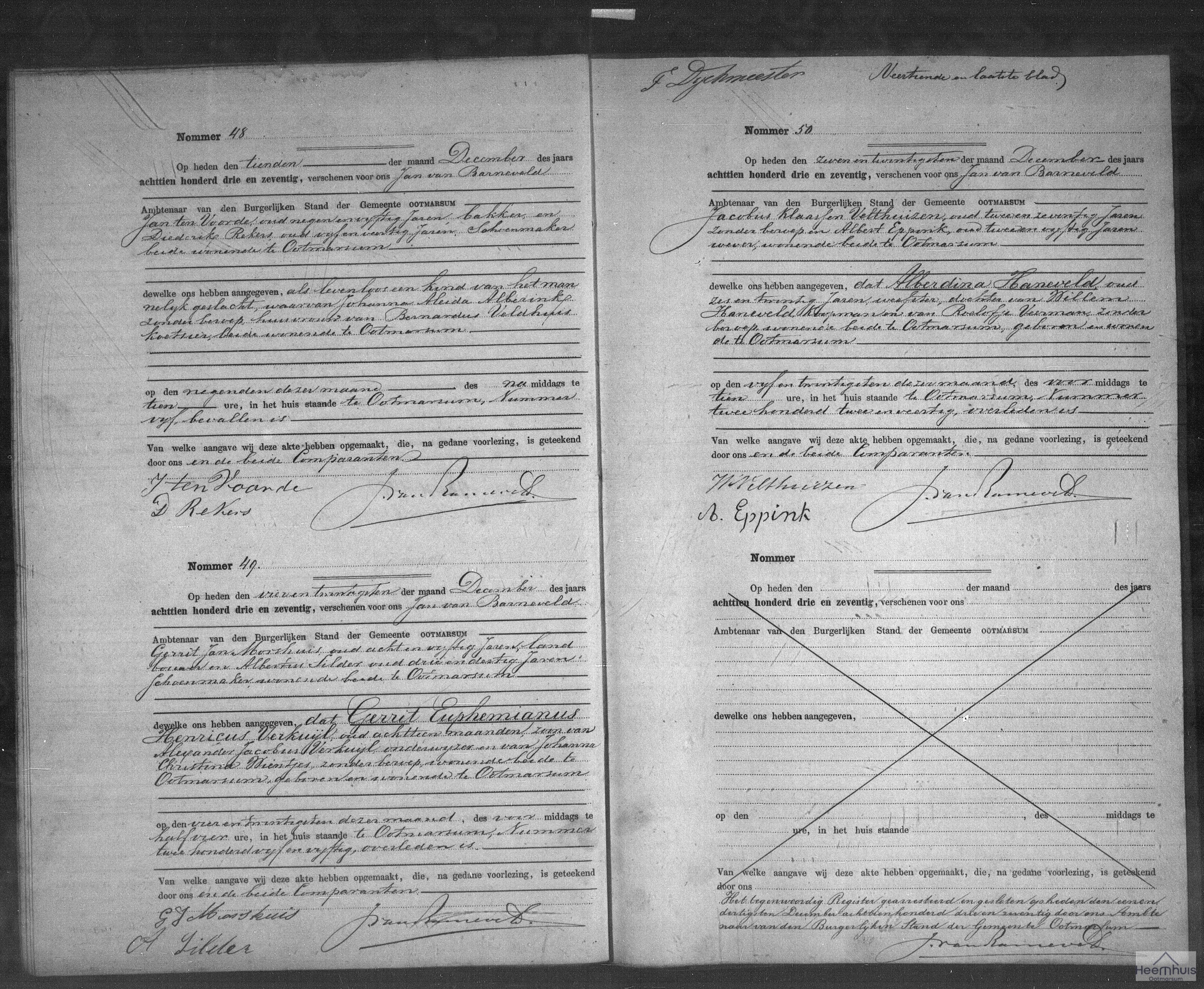 Overlijdensakte van levenloos geboren kind Veldhuis