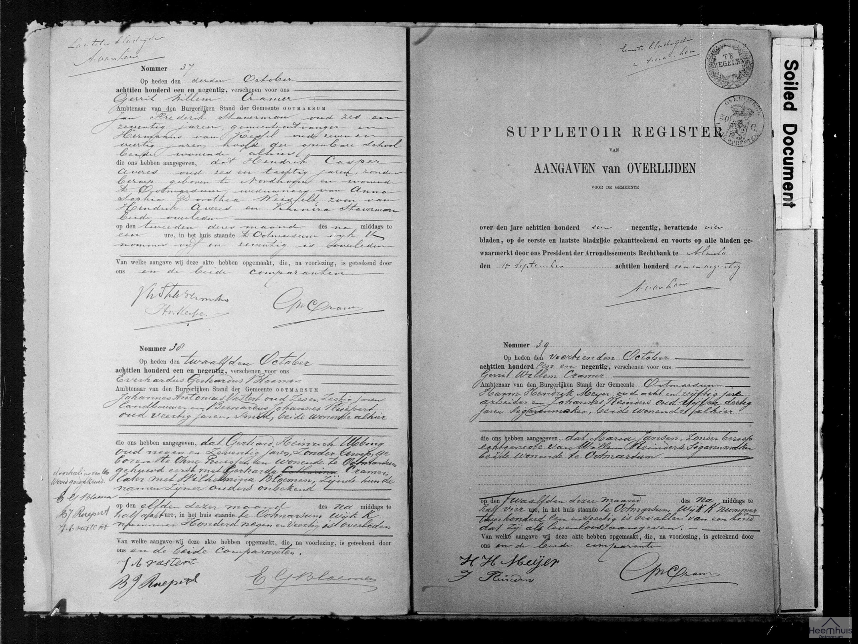 Overlijdensakte van levenloos geboren kind Reinders