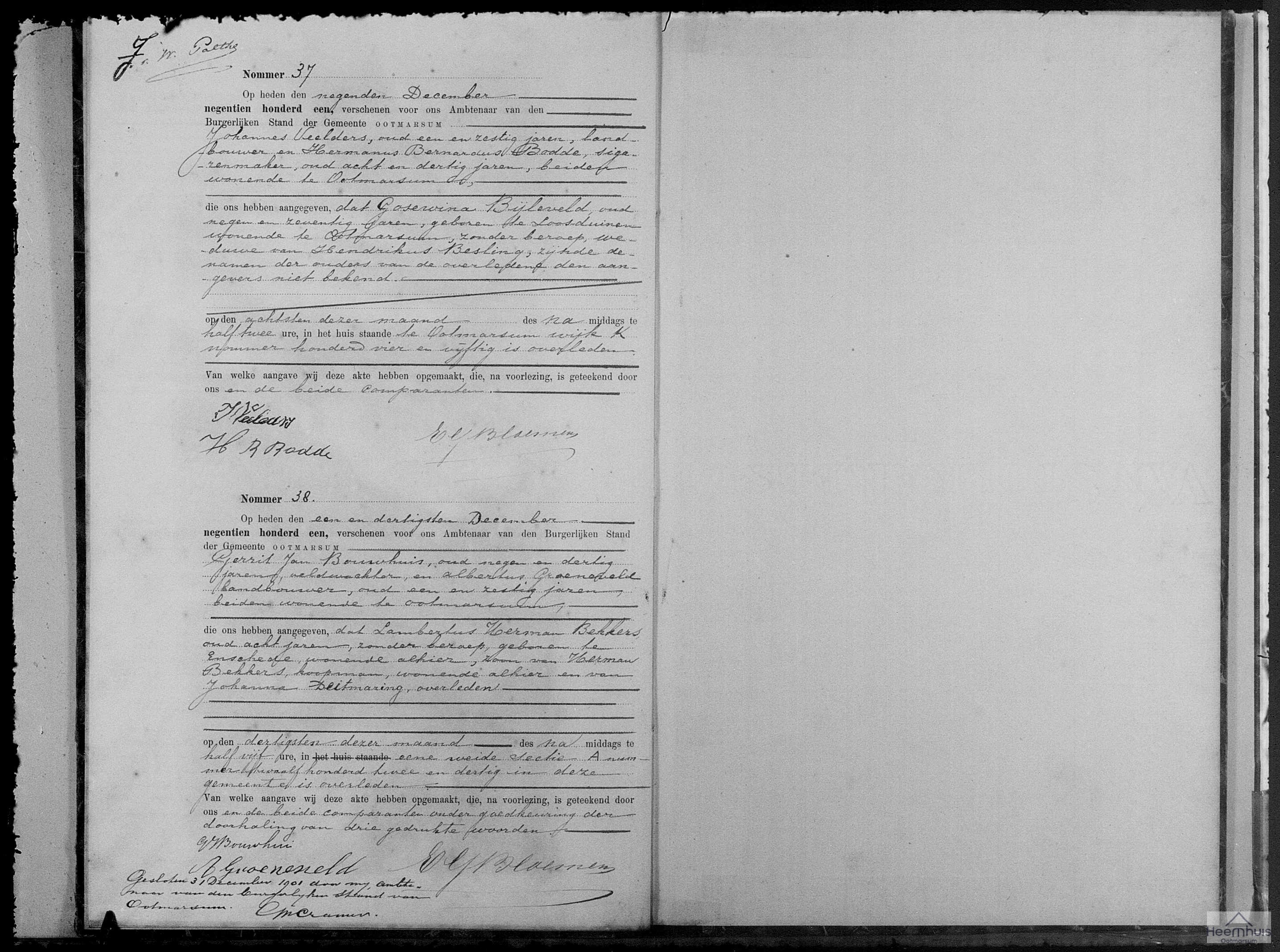 Overlijdensakte van Lambertus Herman Bekkers