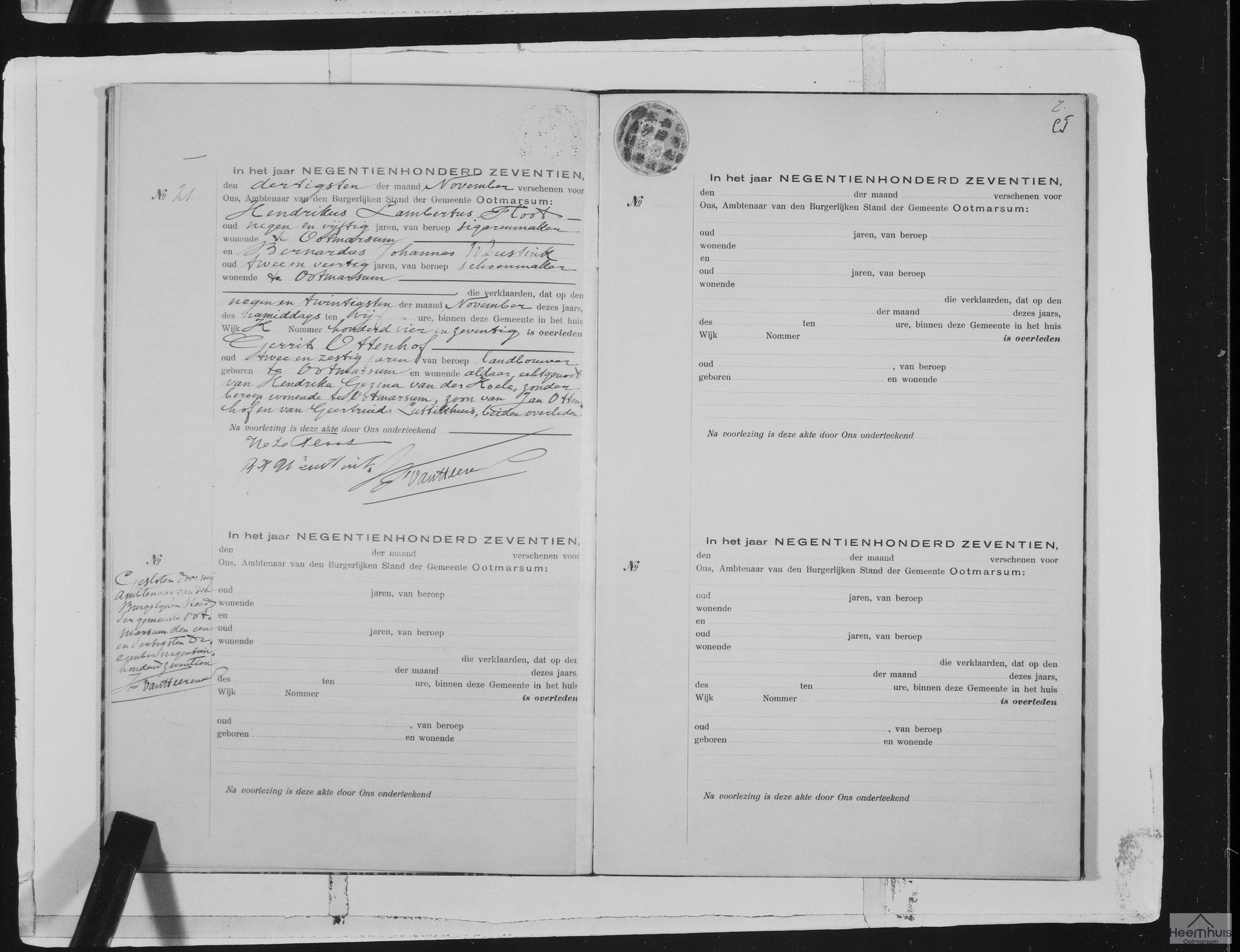 Overlijdensakte van Gerrit Ottenhof