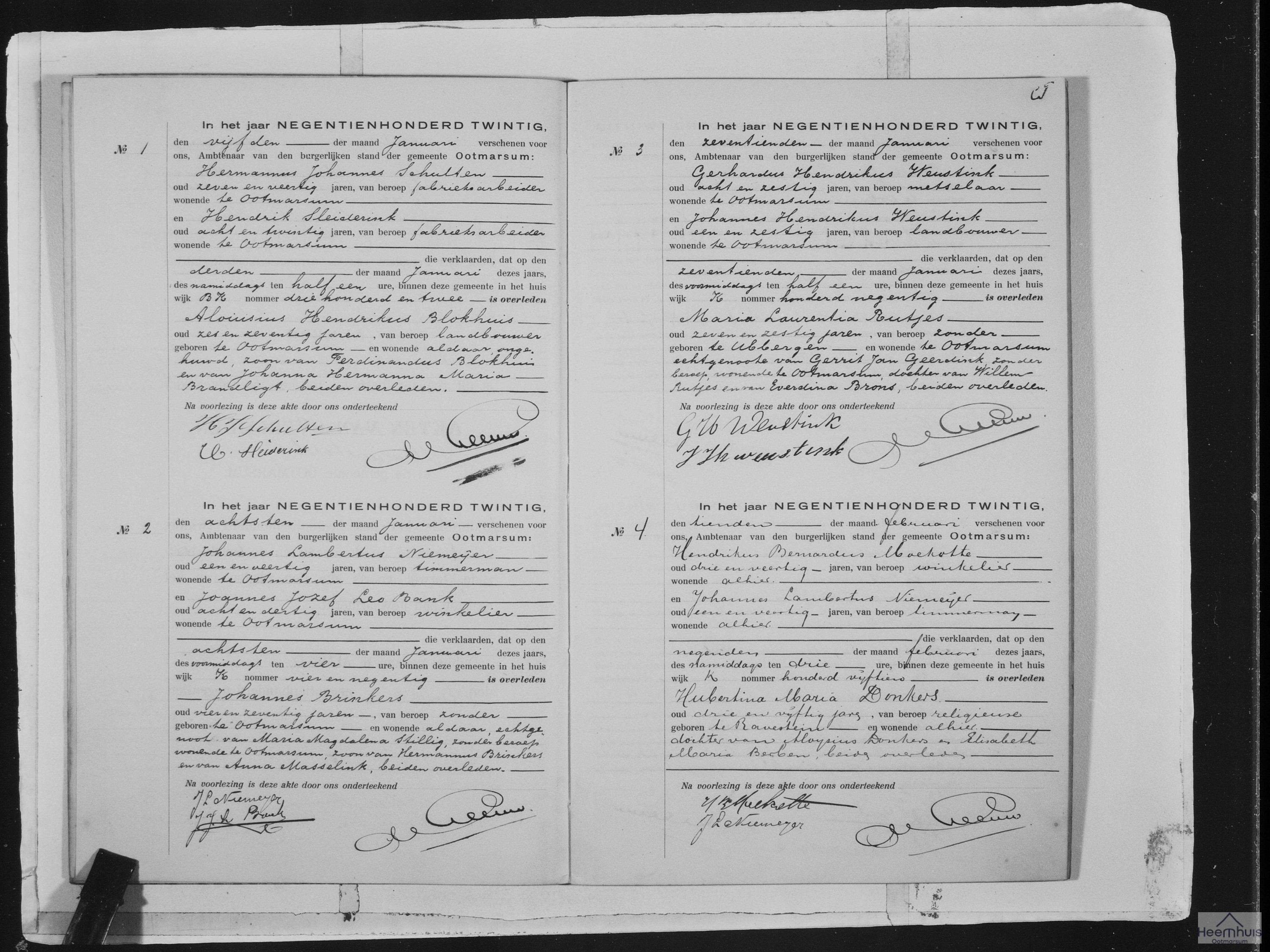 Overlijdensakte van Hubertina Maria Donkers