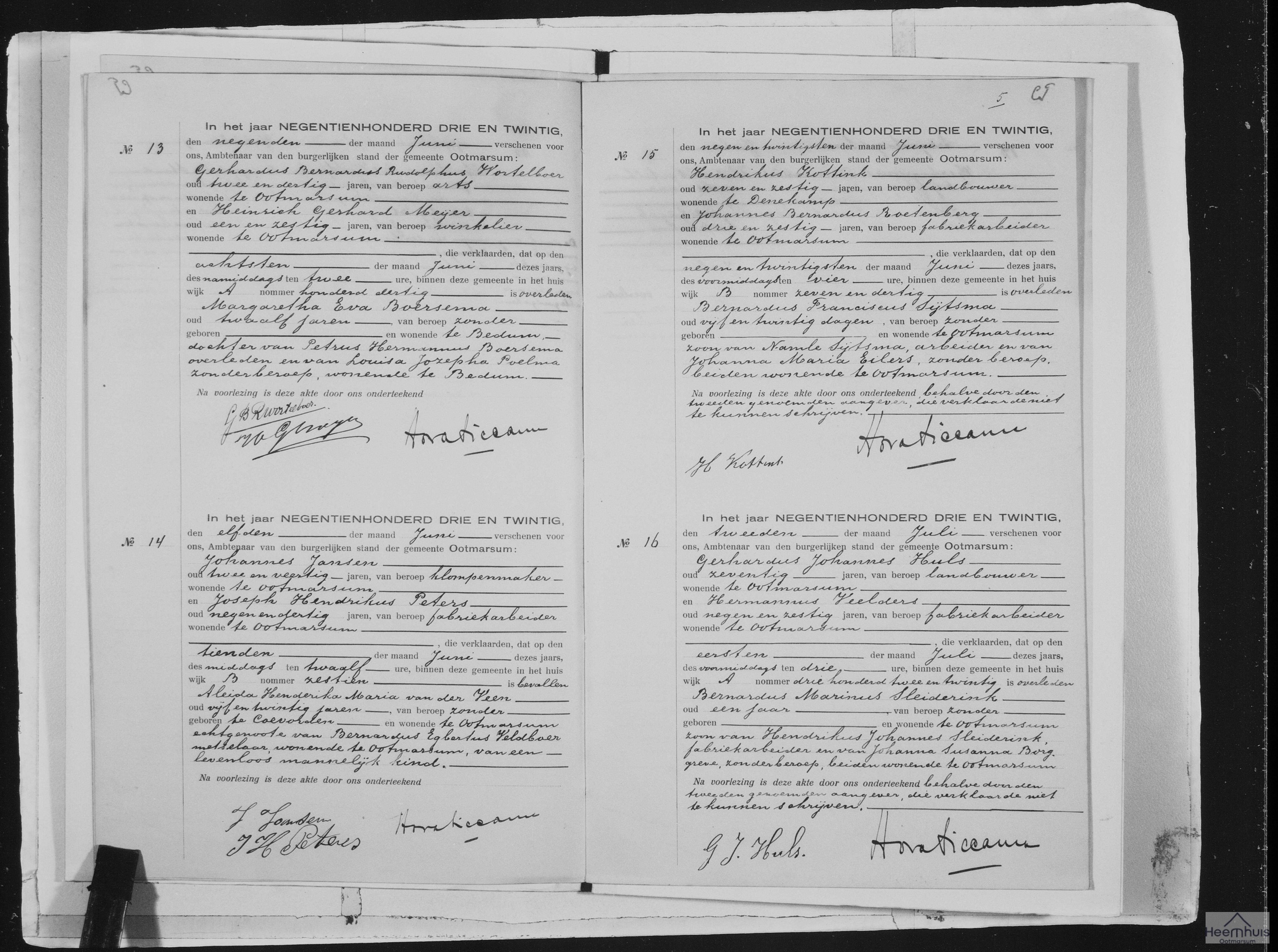 Overlijdensakte van levenloos geboren kind Veldboer