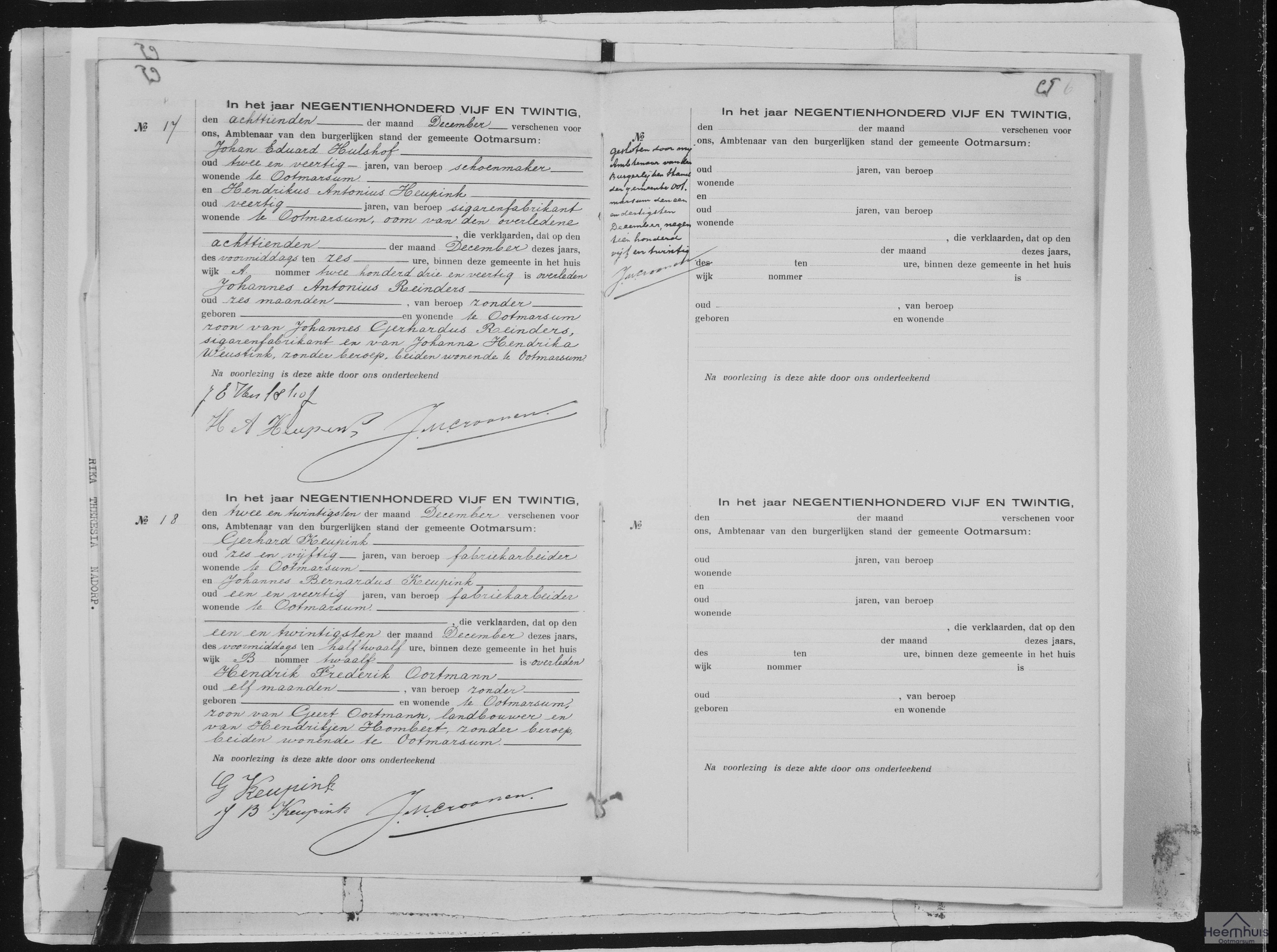 Overlijdensakte van Johannes Antonius Reinders Overlijdensakte van Johannes Antonius Reinders