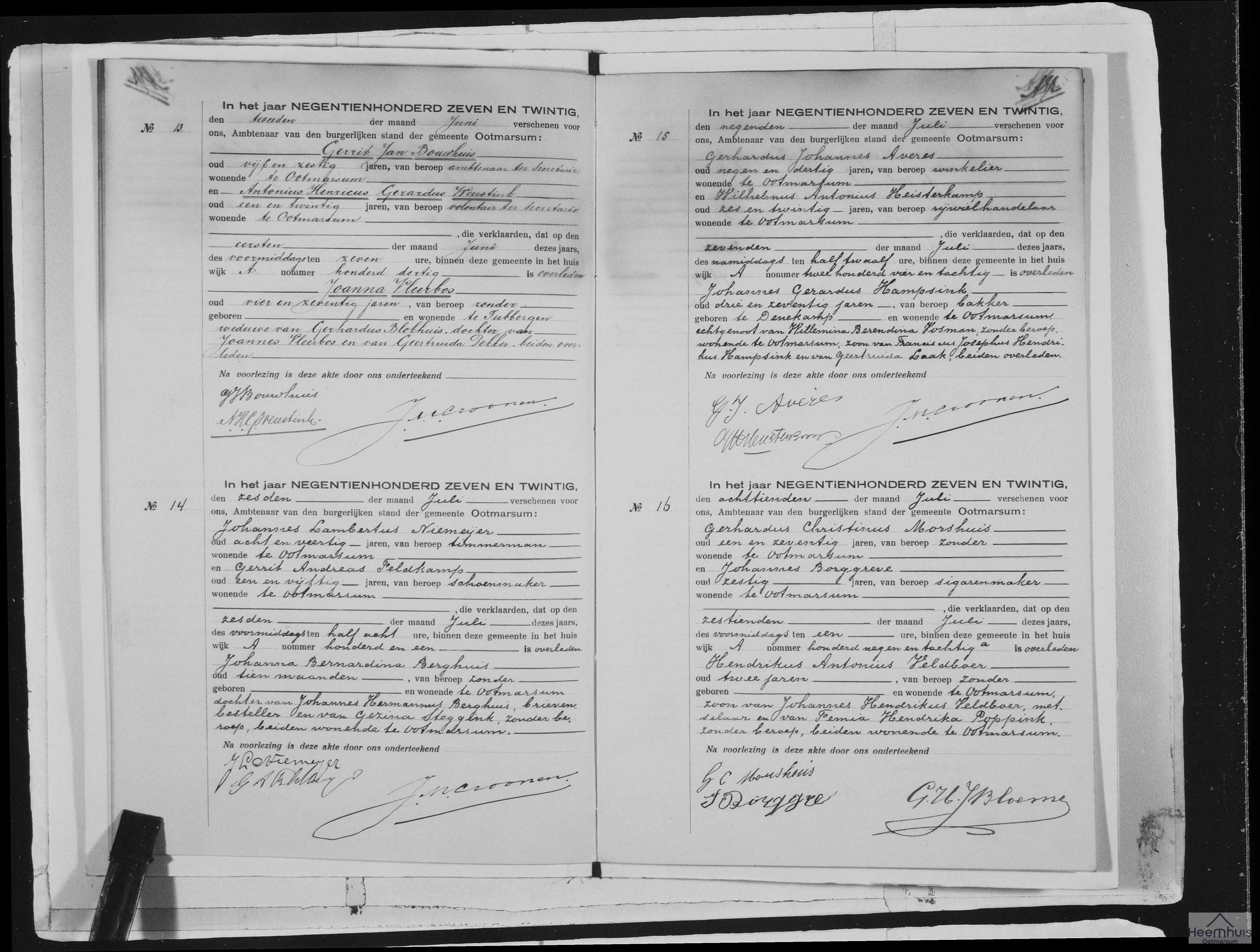 Overlijdensakte van Johannes Gerardus Hampsink