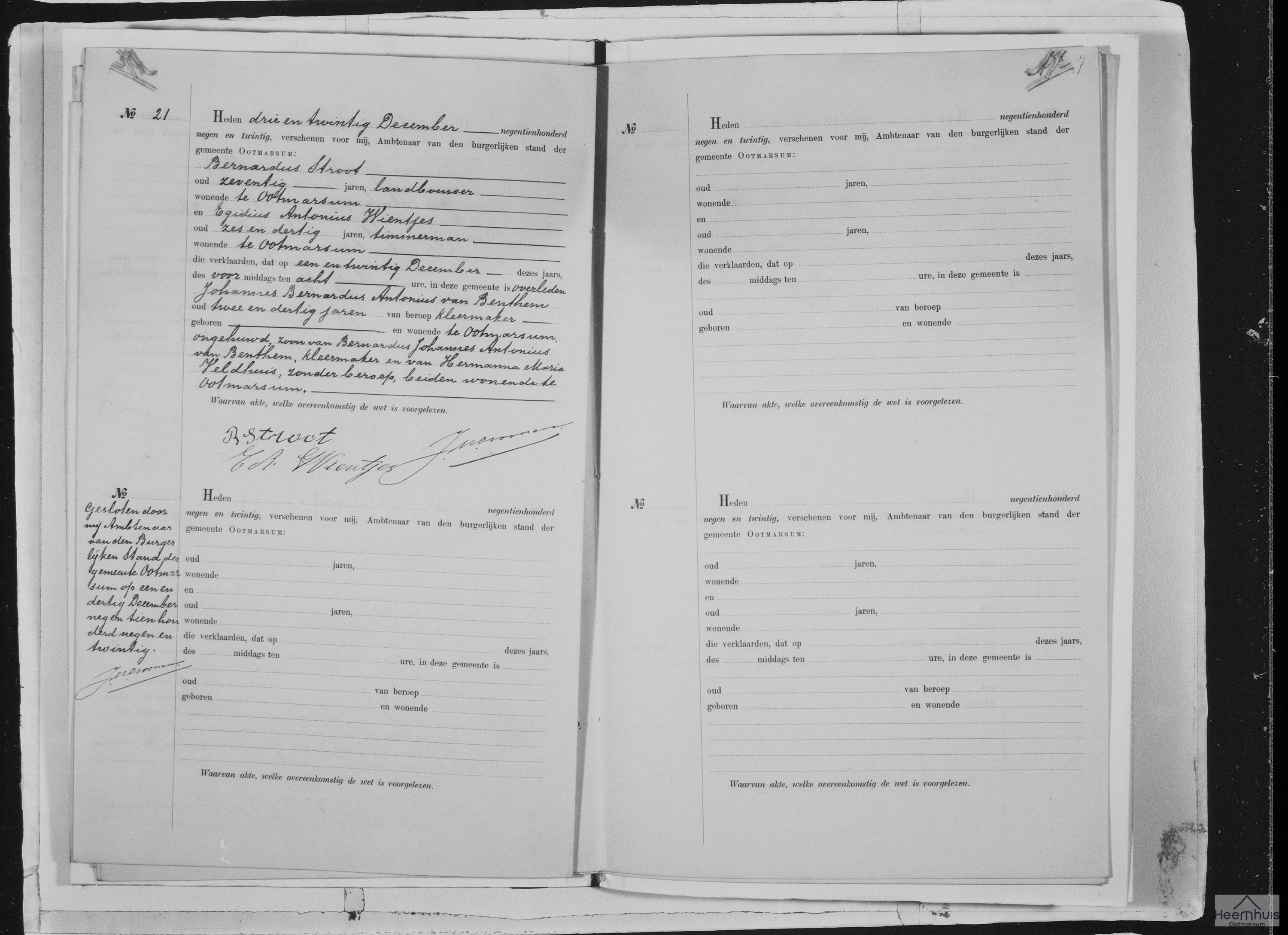 Overlijdensakte van Johannes Bernardus Antonius van Benthem