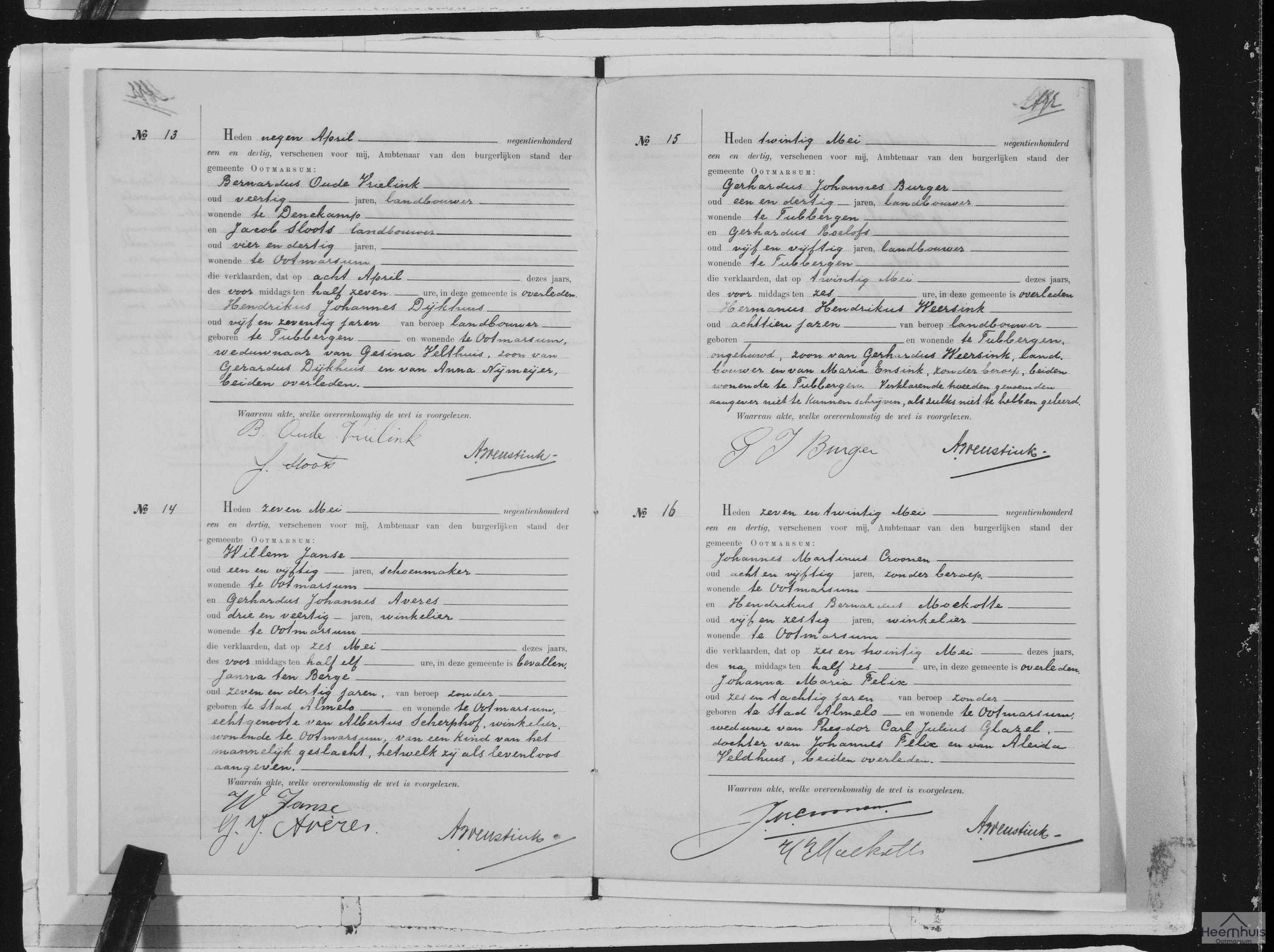 Overlijdensakte van Hermanus Hendrikus Weersink