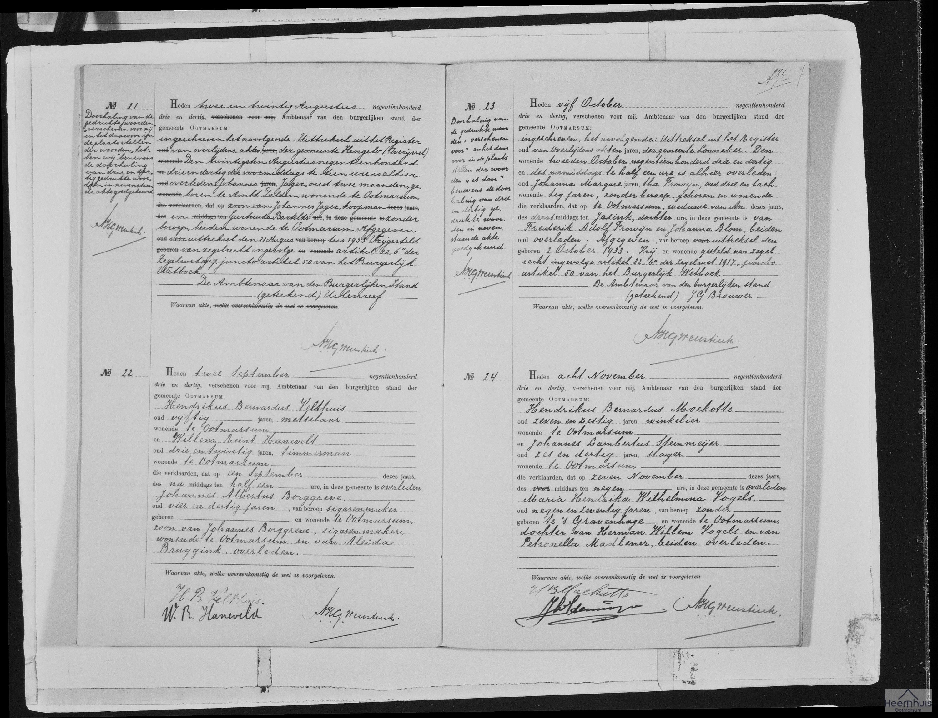 Overlijdensakte van Johannes Albertus Borggreve