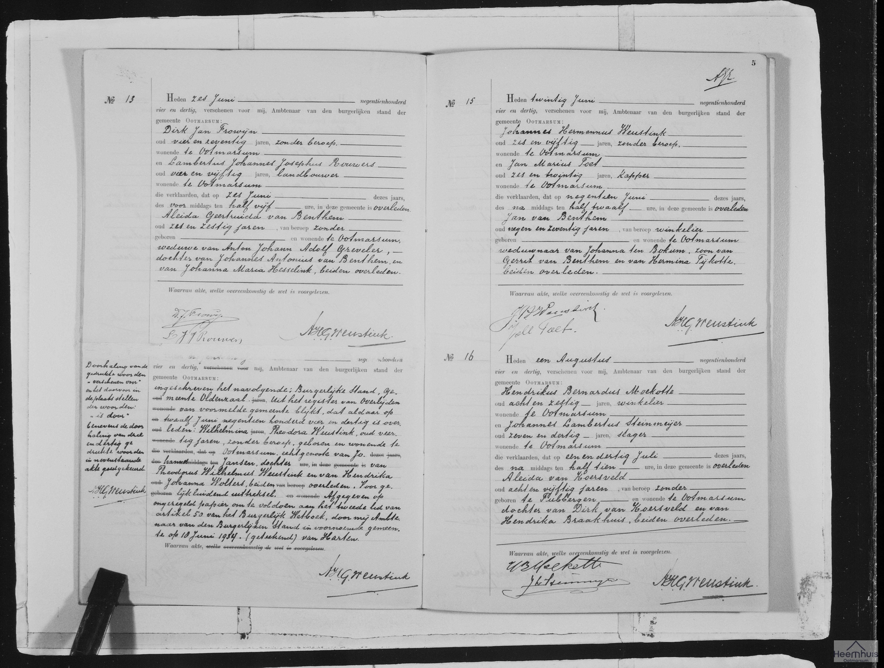 Overlijdensakte van Wilhelmina Theodora Weustink