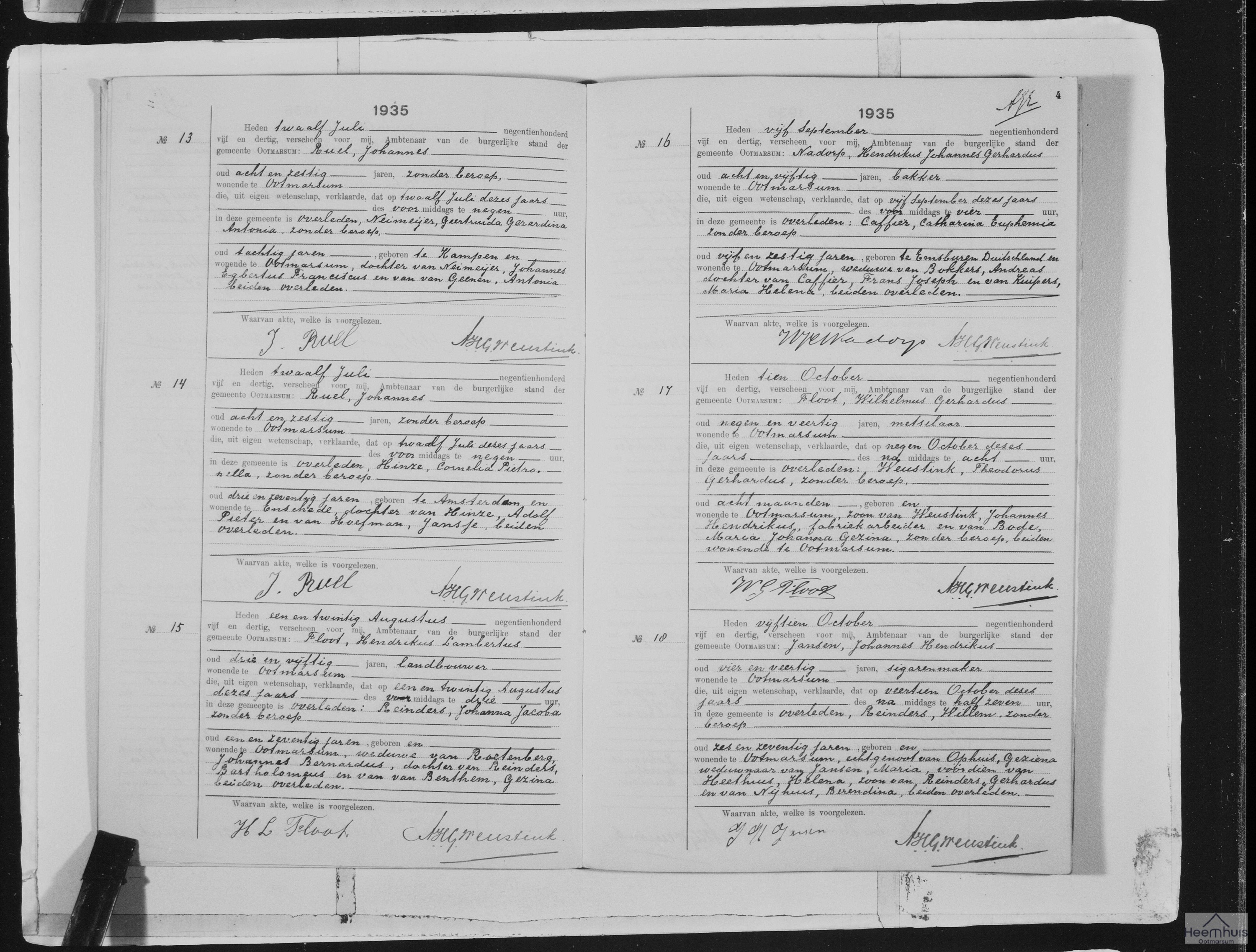 Overlijdensakte van Theodorus Gerardus Weustink