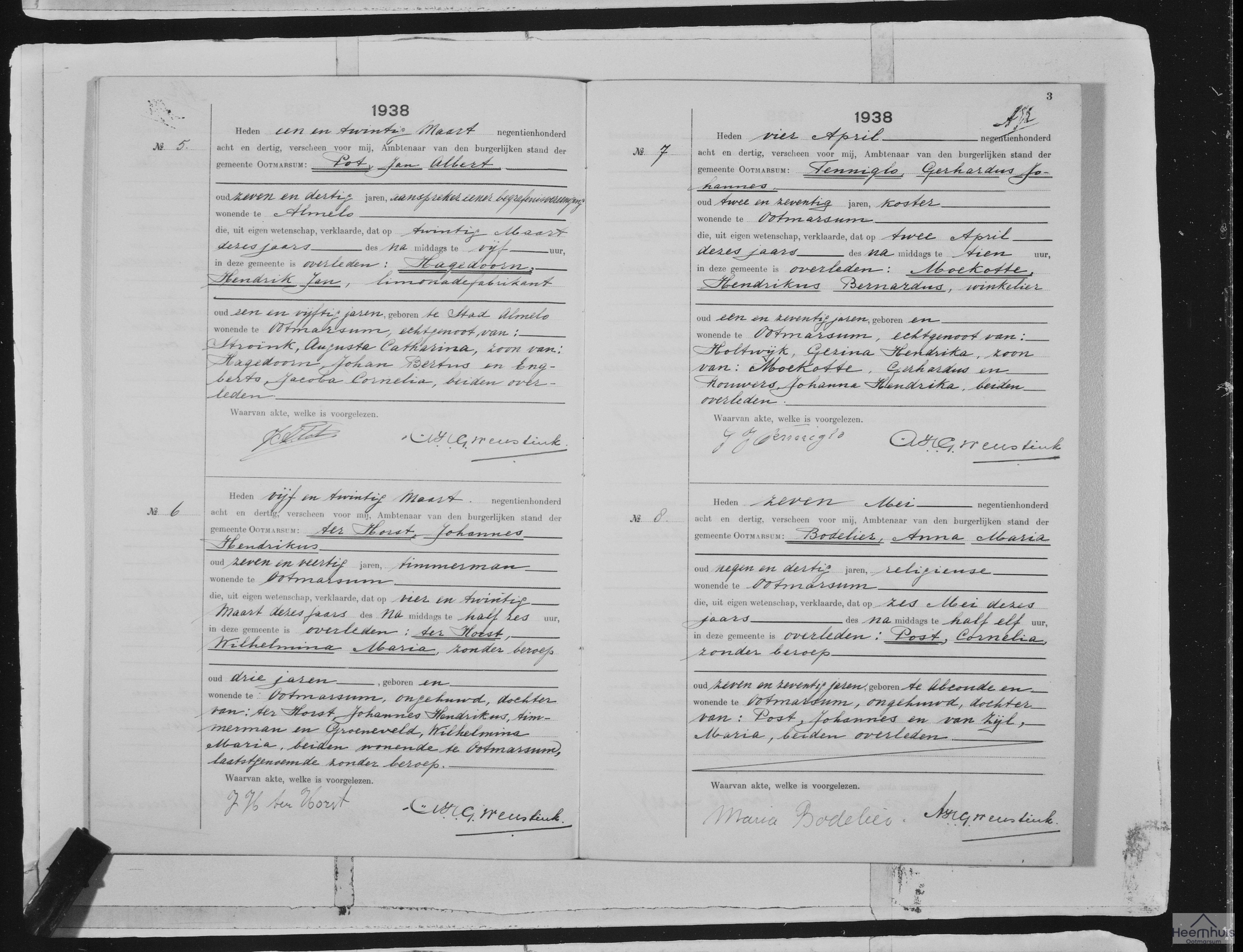 Overlijdensakte van Hendrikus Bernardus Moekotte