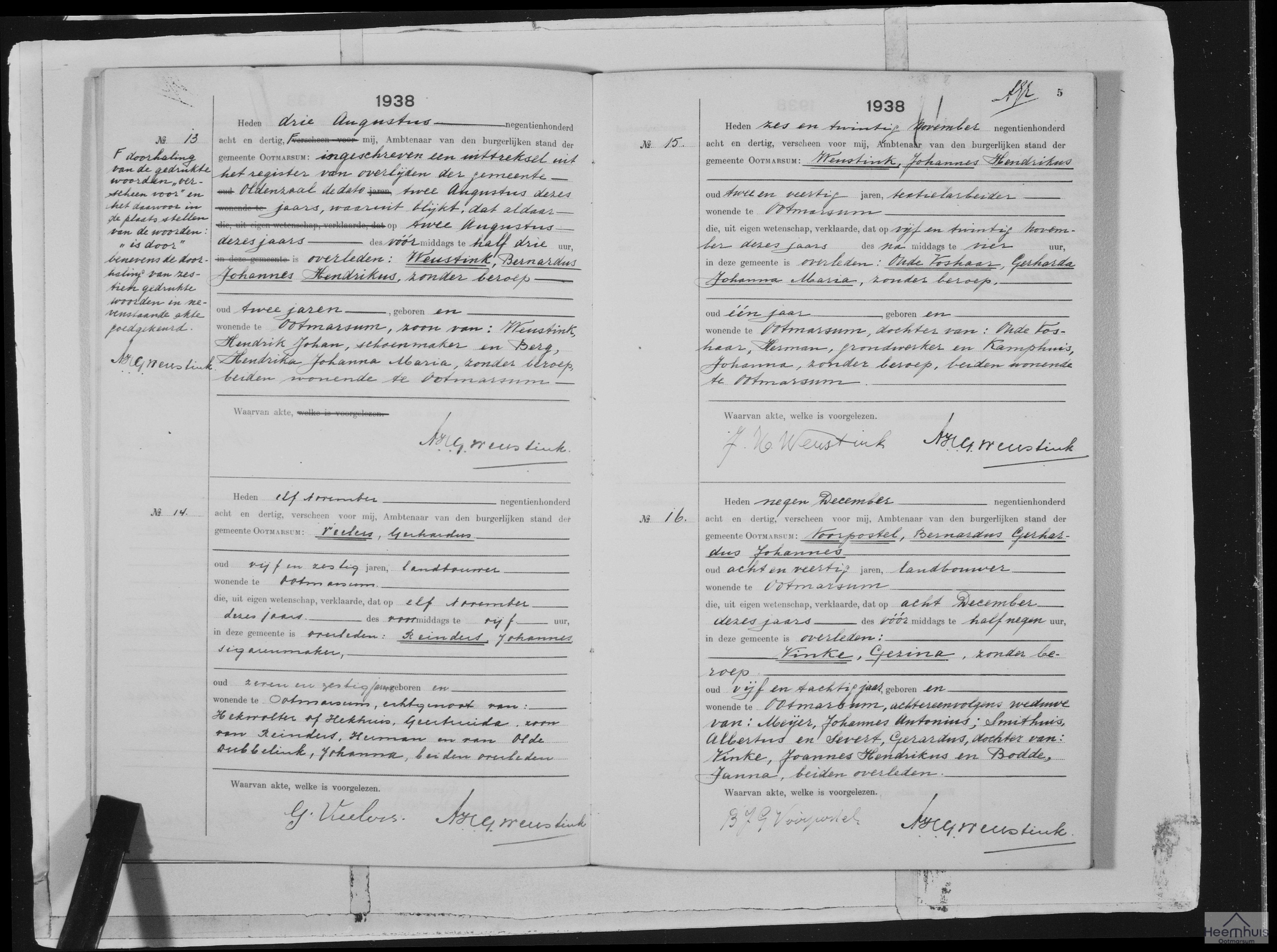 Overlijdensakte van Bernardus Johannes Hendrikus Weustink