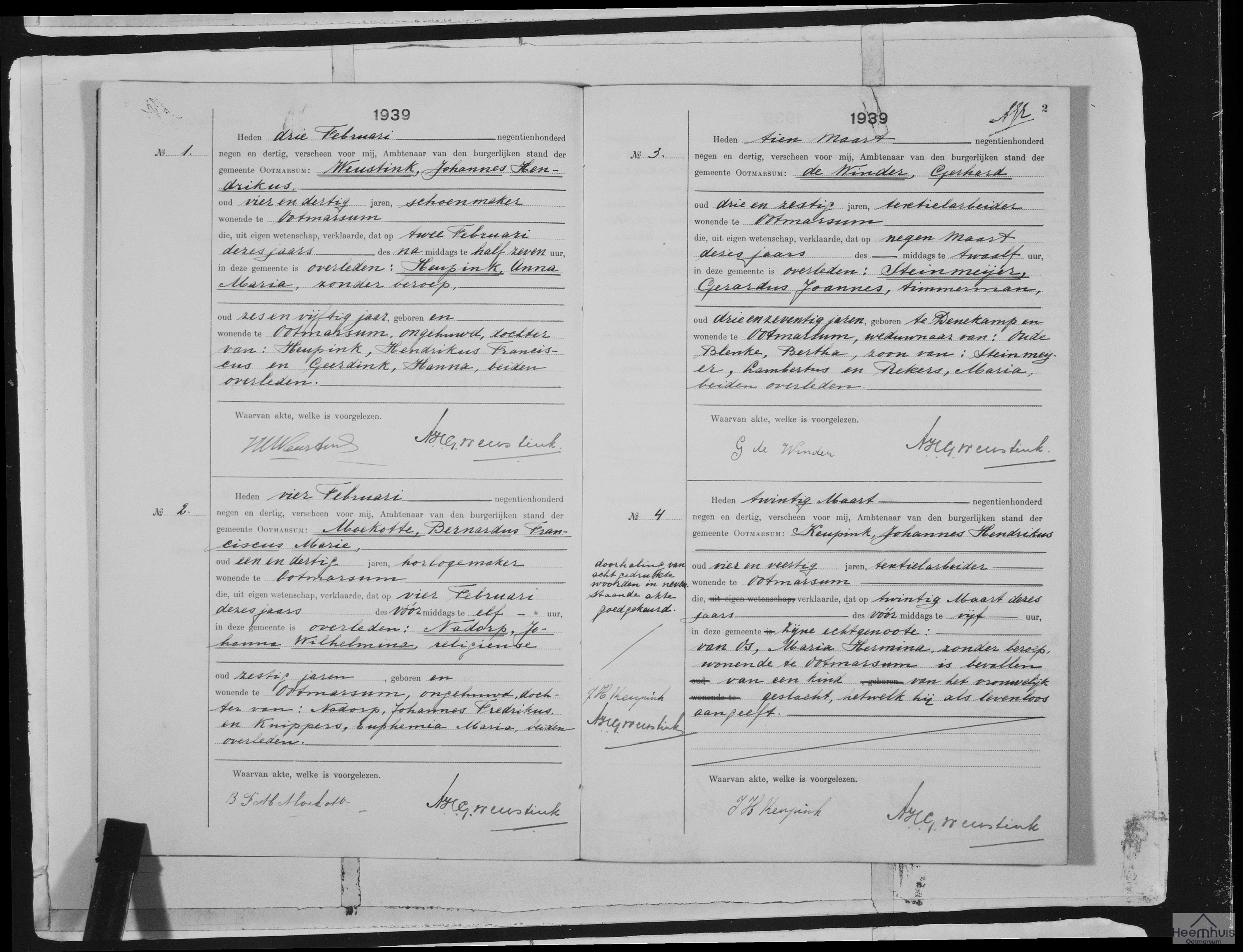 Overlijdensakte van Johanna Wilhelmina Nadorp
