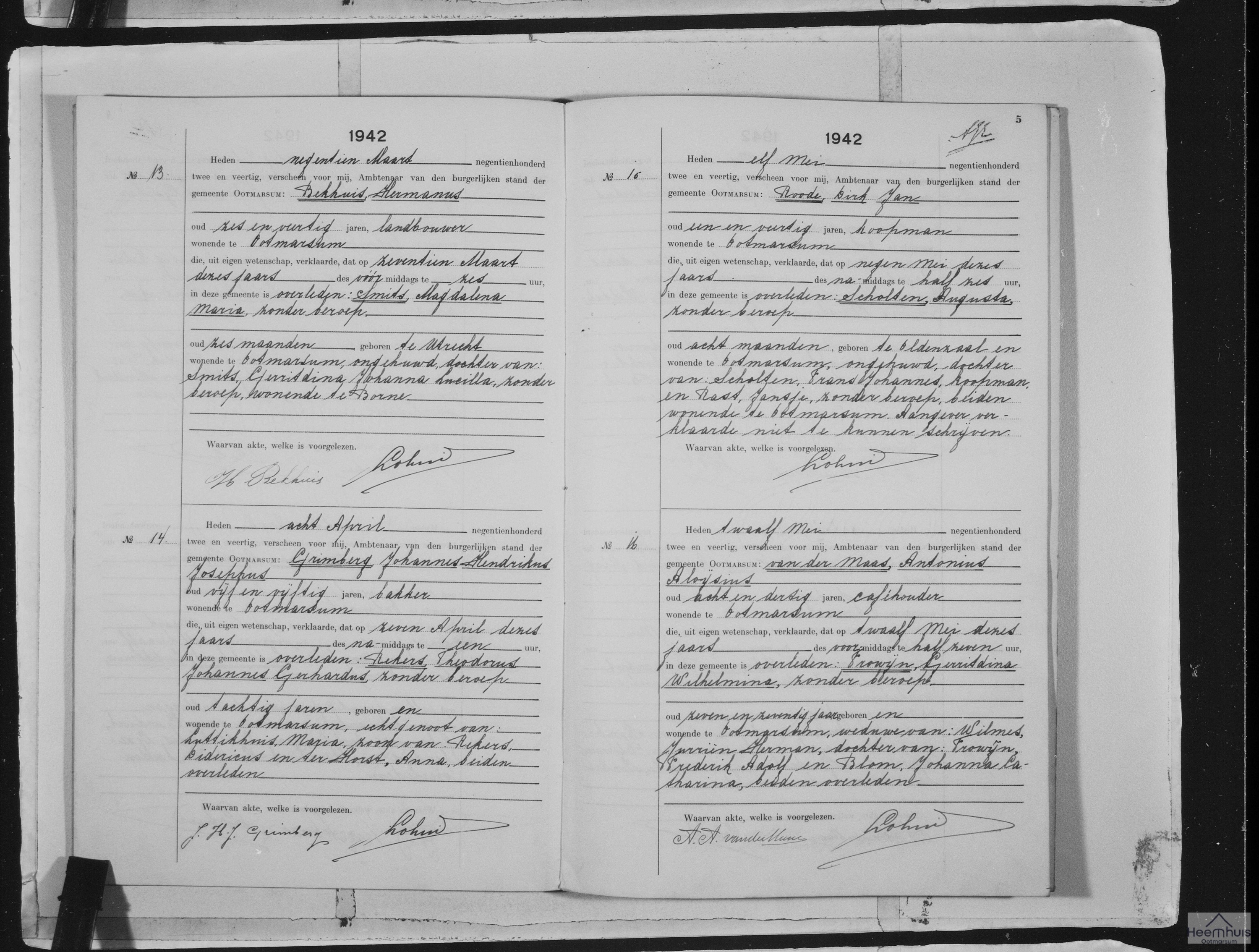 Overlijdensakte van Gerritdina Wilhelmina Frowijn