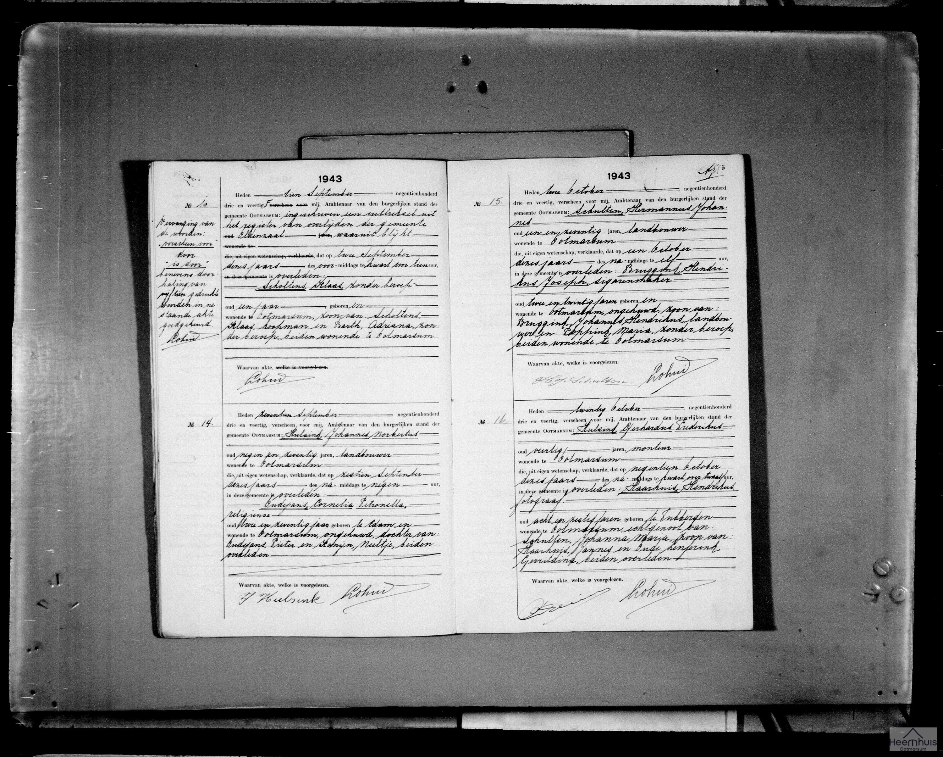 Overlijdensakte van Hendrikus Joseph Bruggink